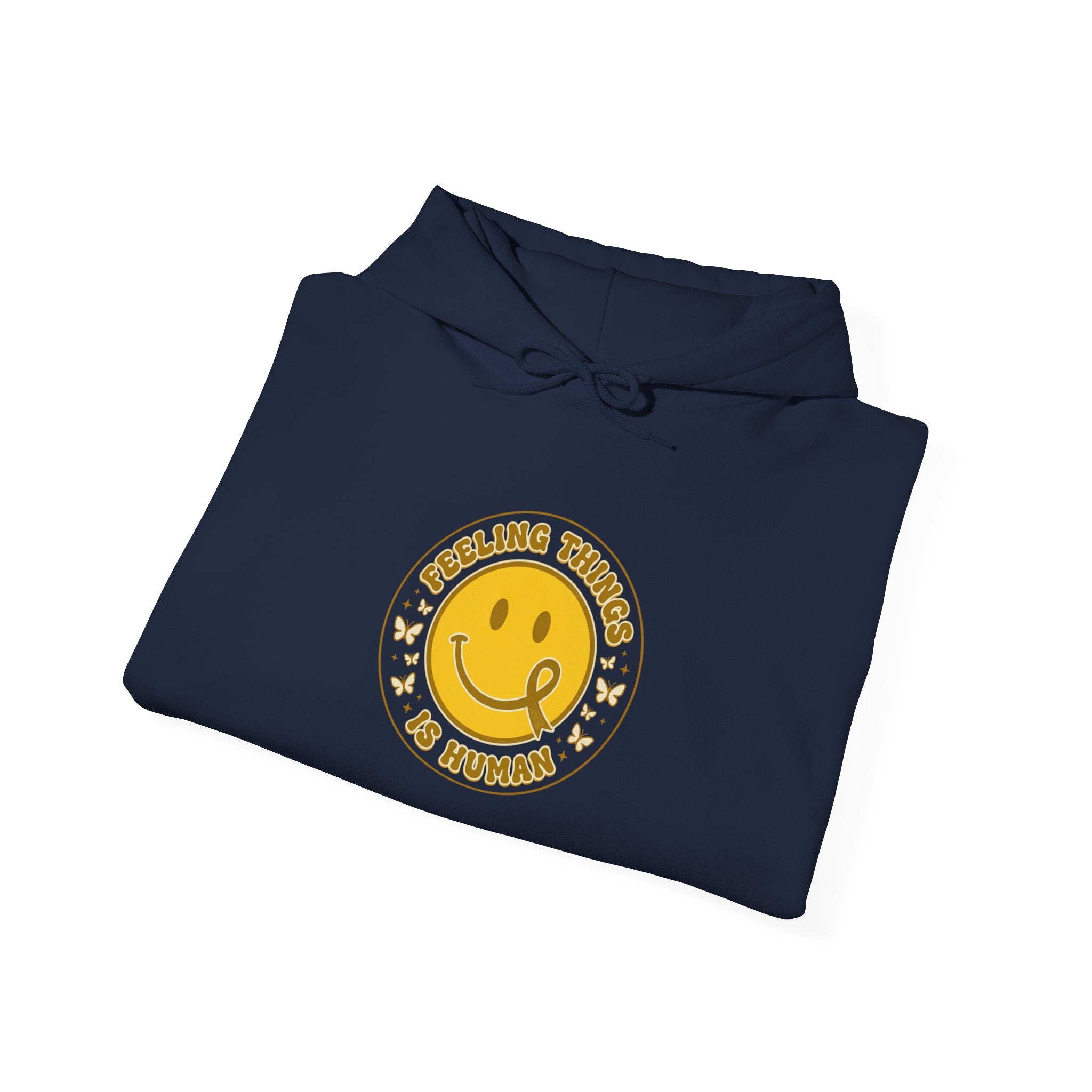 Feeling Things Is Human Hoodie | Mental Health Awareness, Retro Smiley Ribbon