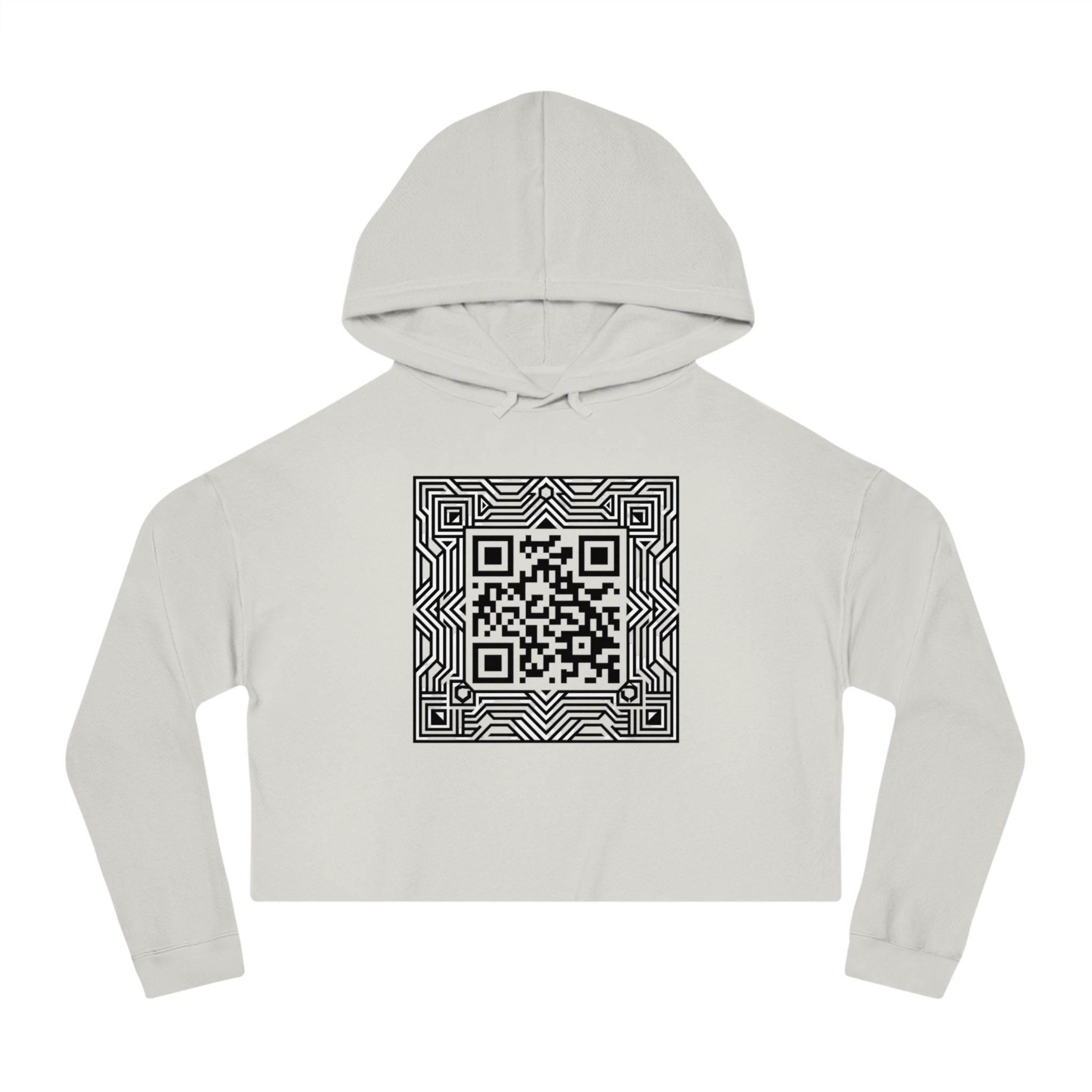 Urbania QR Code Graphic Cropped Hoodie — Techy Geometric Womens Hooded Sweatshirt