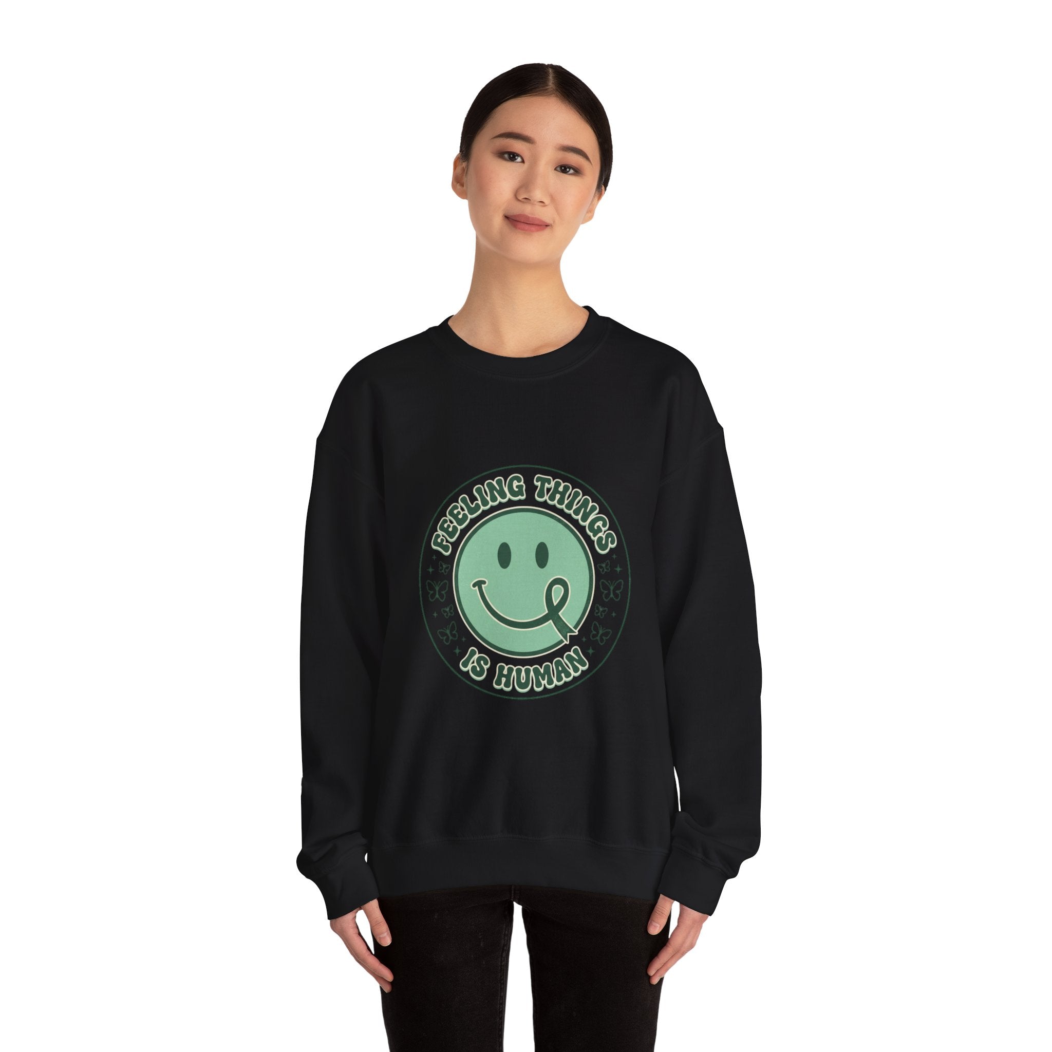 Feeling Things Is Human sweatshirt | Mental Health Awareness, Green Smiley Ribbon