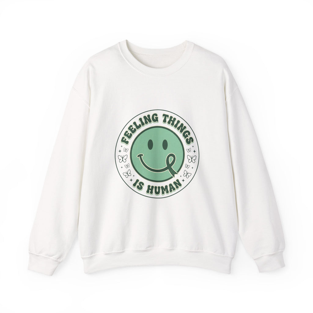 Urbania Feeling Things Is Human Crewneck Sweatshirt – Mental Health Awareness, Green Smiley Ribbon
