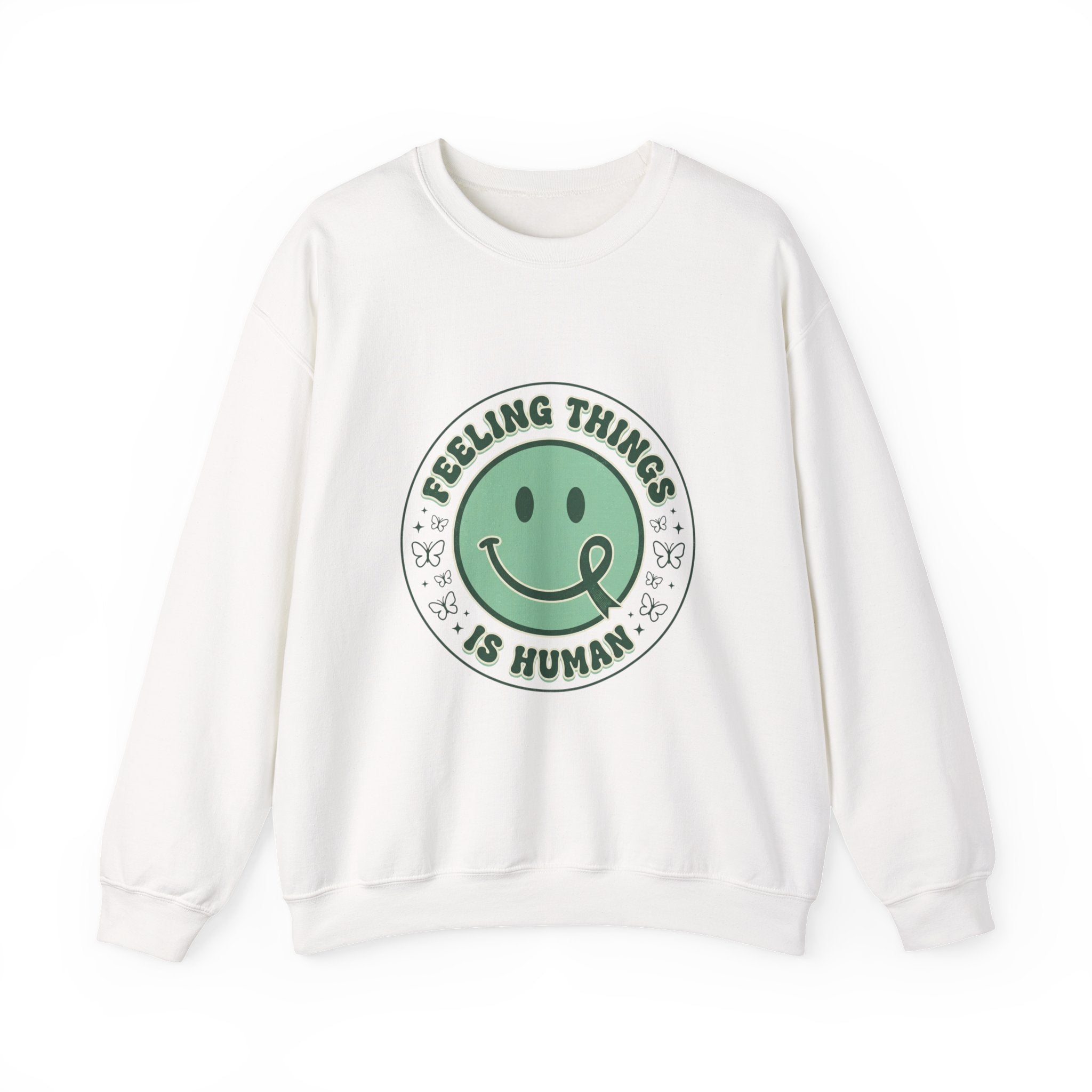 Feeling Things Is Human sweatshirt | Mental Health Awareness, Green Smiley Ribbon