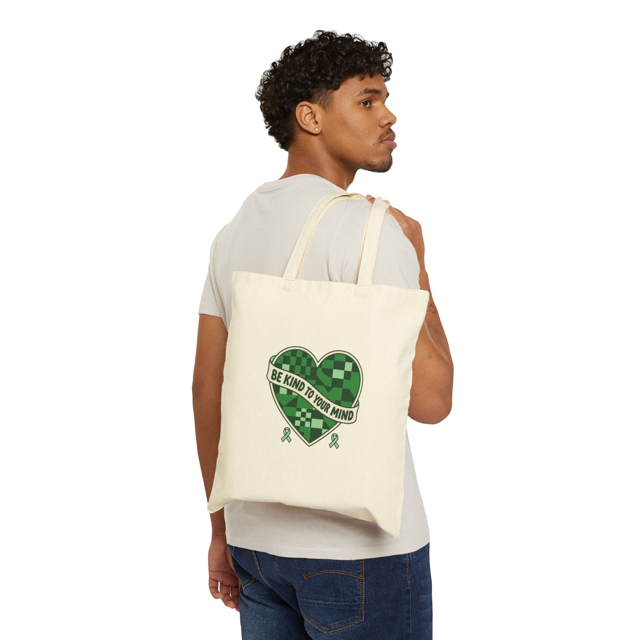 Be Kind to Your Mind Tote | Mental Health Awareness, Green Ribbon, Checkerboard Heart