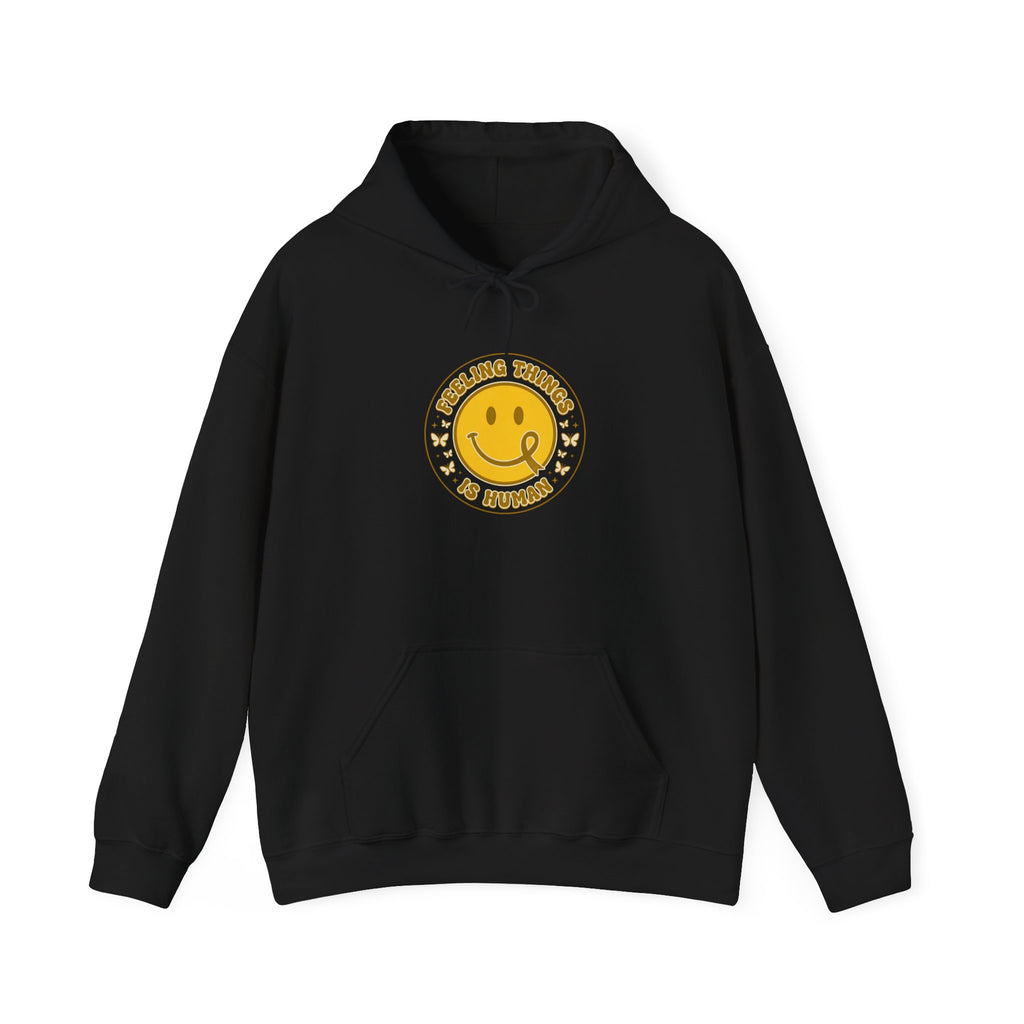 Urbania Feeling Things Is Human Hoodie – Mental Health Awareness, Retro Smiley, Green Ribbon