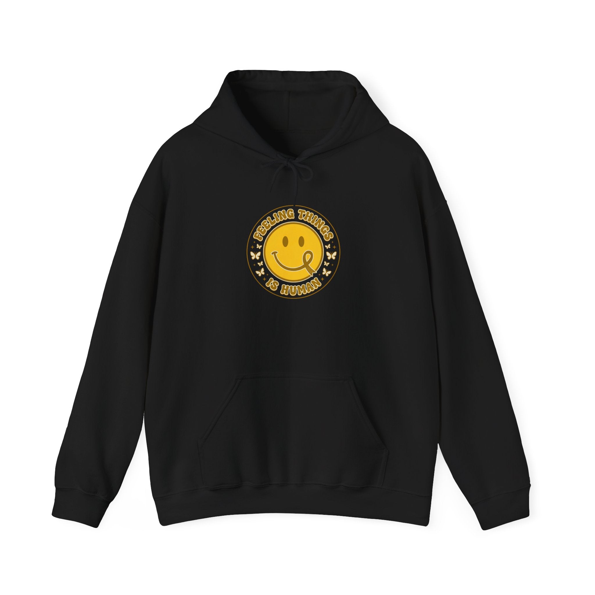 Feeling Things Is Human Hoodie | Mental Health Awareness, Retro Smiley Ribbon