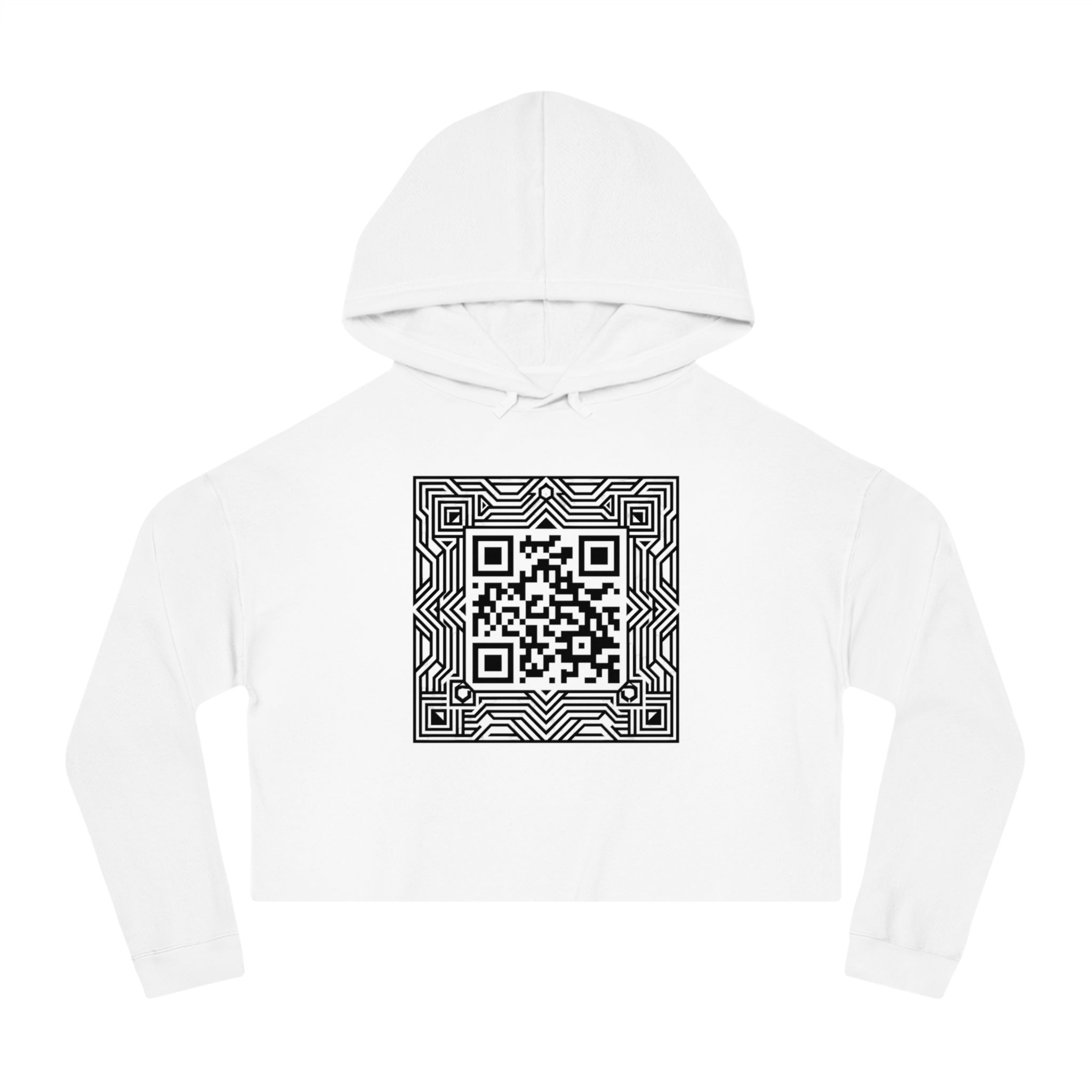 Urbania QR Code Graphic Cropped Hoodie — Techy Geometric Womens Hooded Sweatshirt