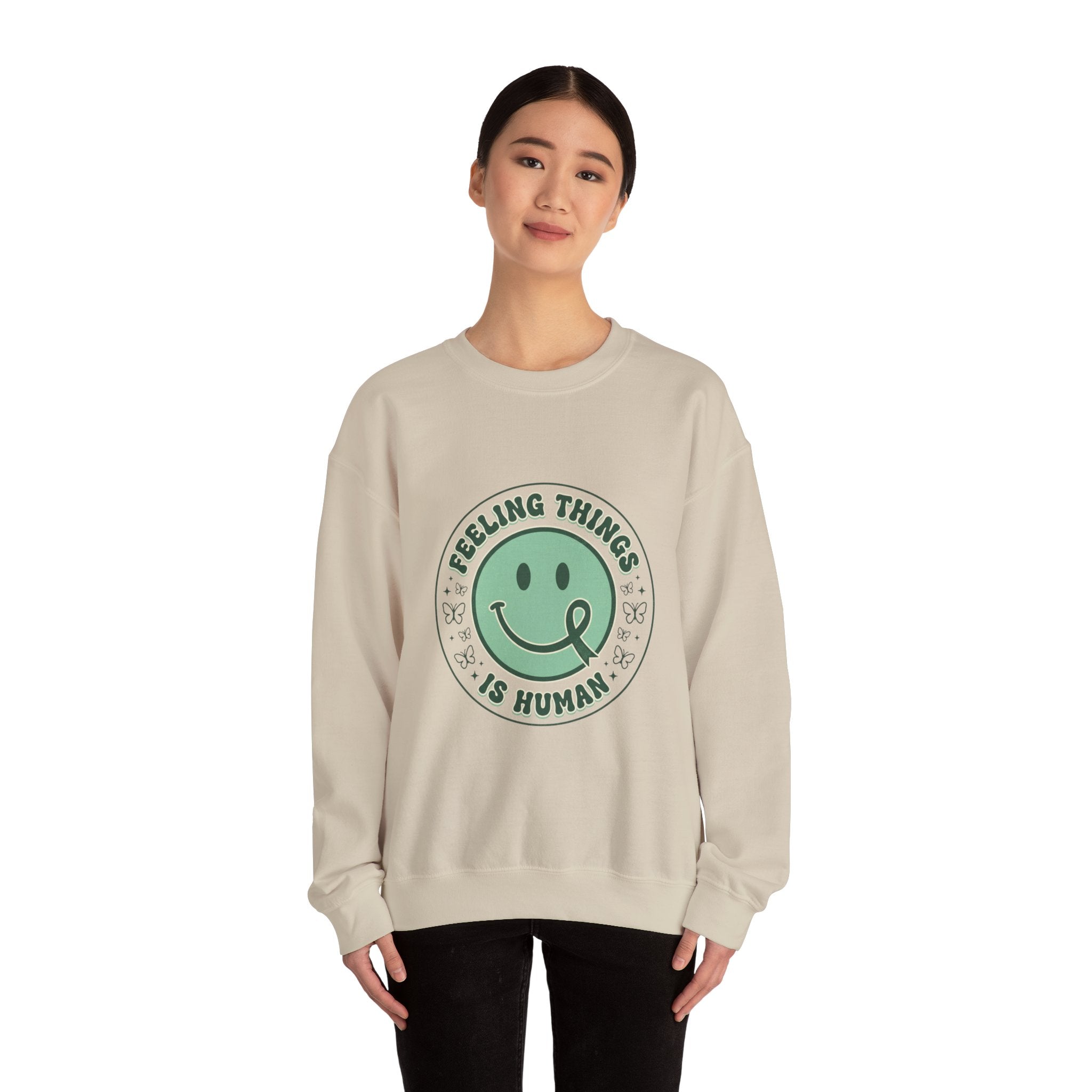 Feeling Things Is Human sweatshirt | Mental Health Awareness, Green Smiley Ribbon