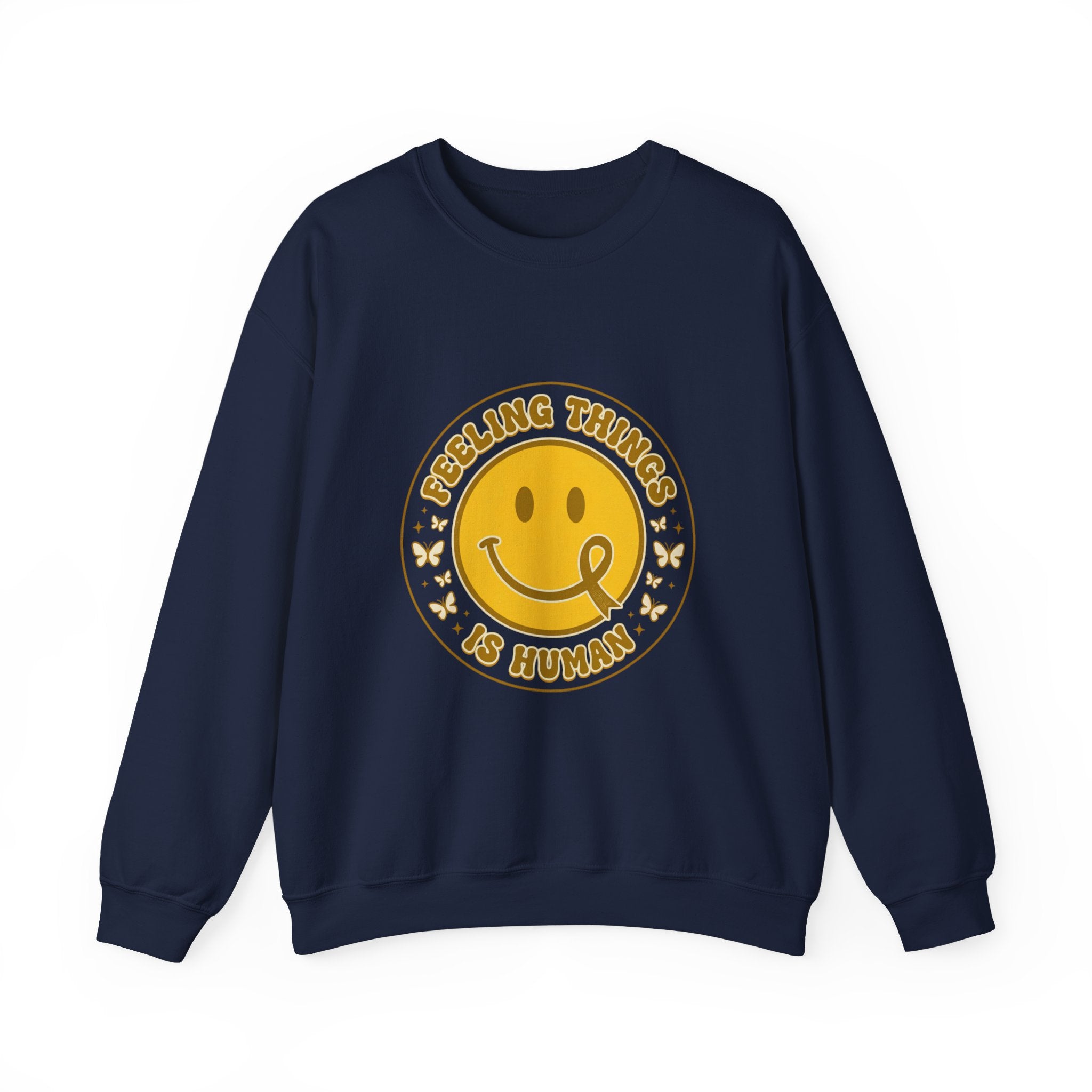 Feeling Things Is Human Sweatshirt | Mental Health Awareness, Retro Smiley Green Ribbon