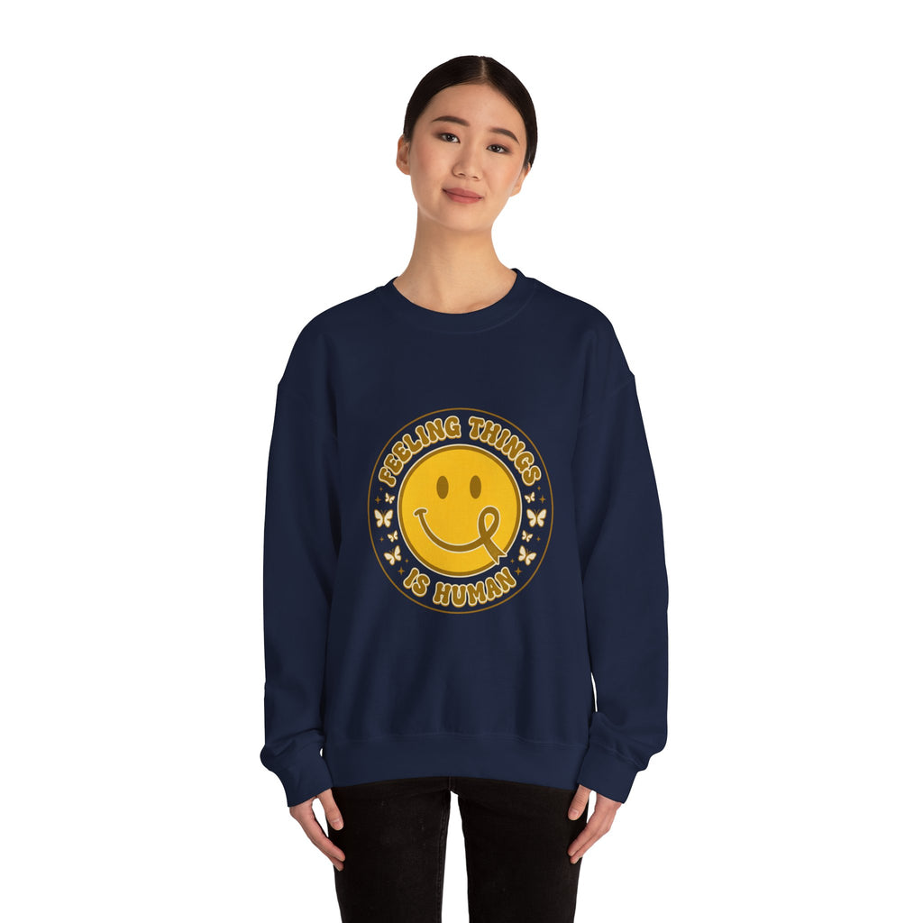 Feeling Things Is Human Sweatshirt | Mental Health Awareness, Retro Smiley Green Ribbon