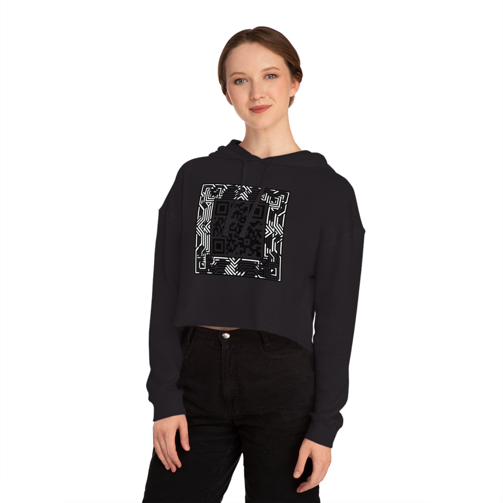 Urbania QR Code Graphic Cropped Hoodie — Techy Geometric Womens Hooded Sweatshirt