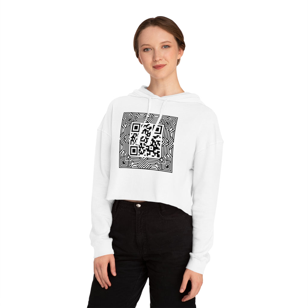 Urbania QR Code Graphic Cropped Hoodie — Techy Geometric Womens Hooded Sweatshirt