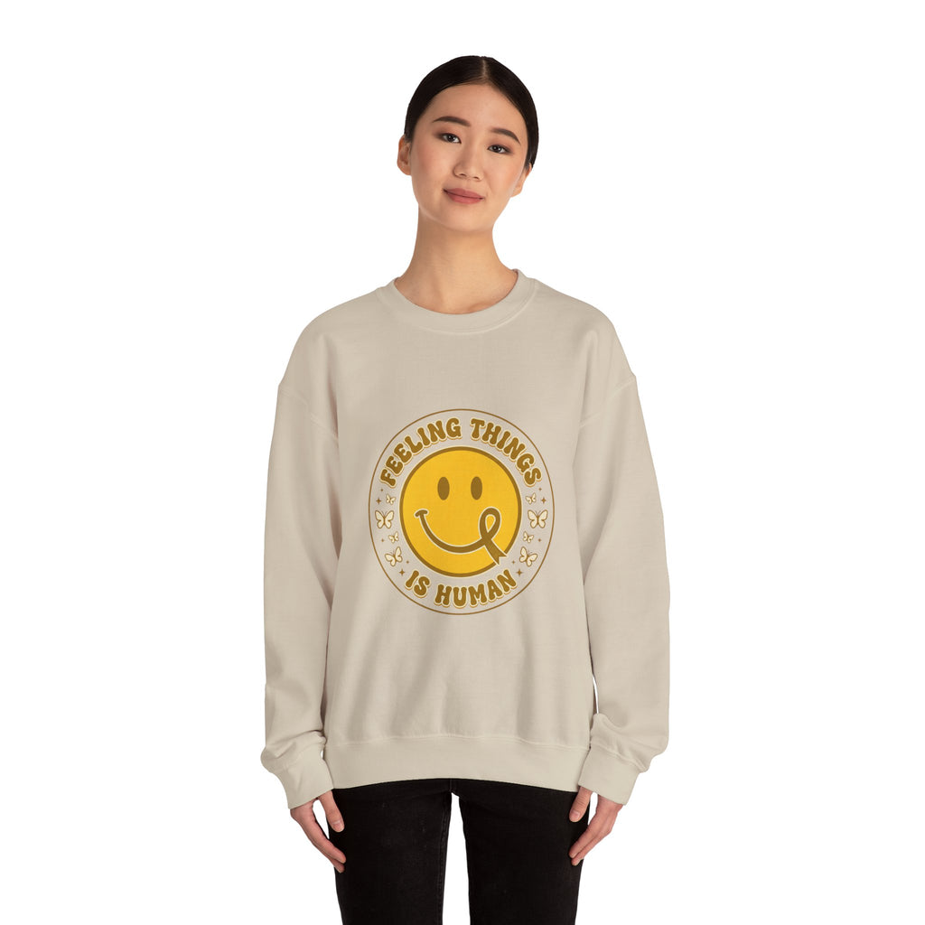 Feeling Things Is Human Sweatshirt | Mental Health Awareness, Retro Smiley Green Ribbon