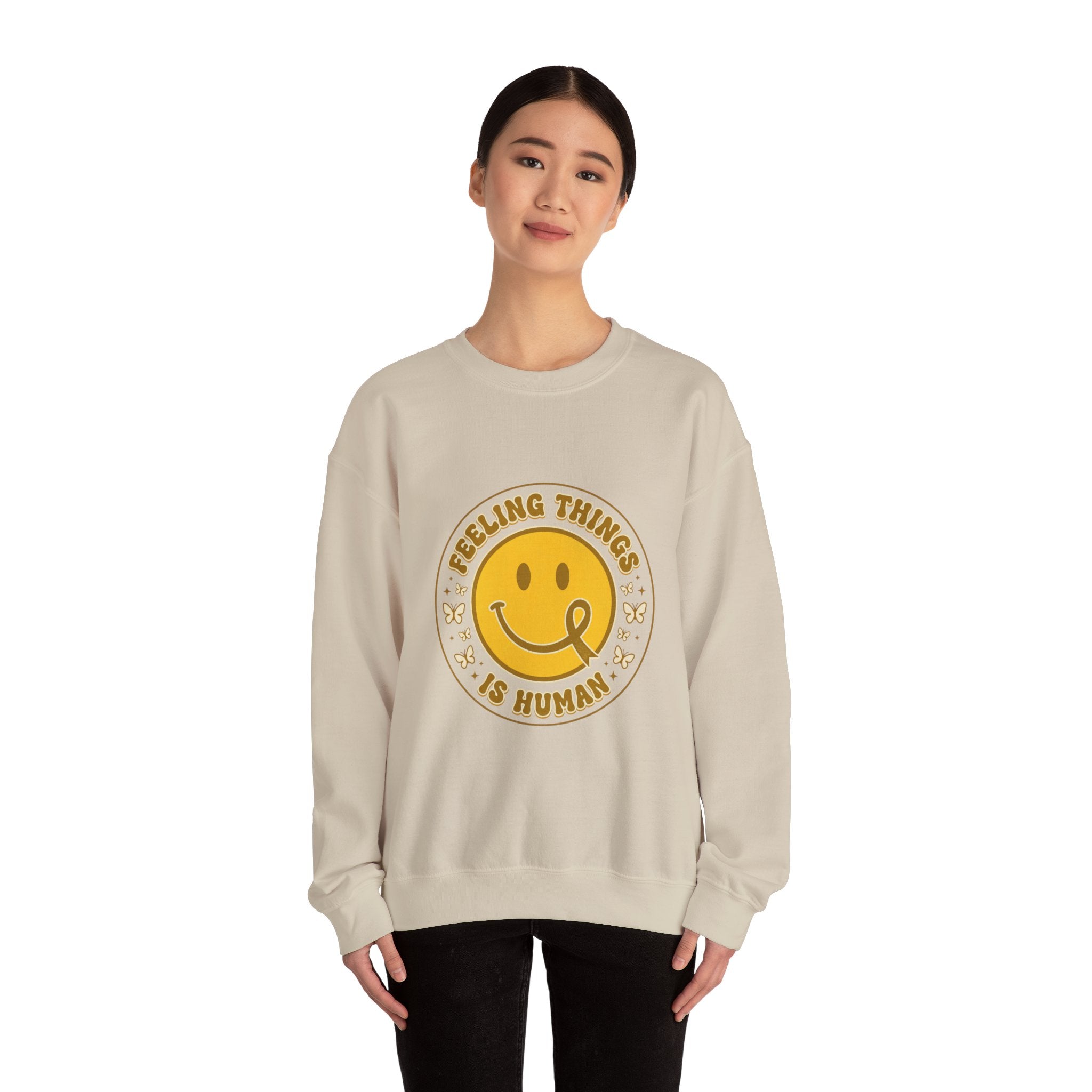 Feeling Things Is Human Sweatshirt | Mental Health Awareness, Retro Smiley Green Ribbon