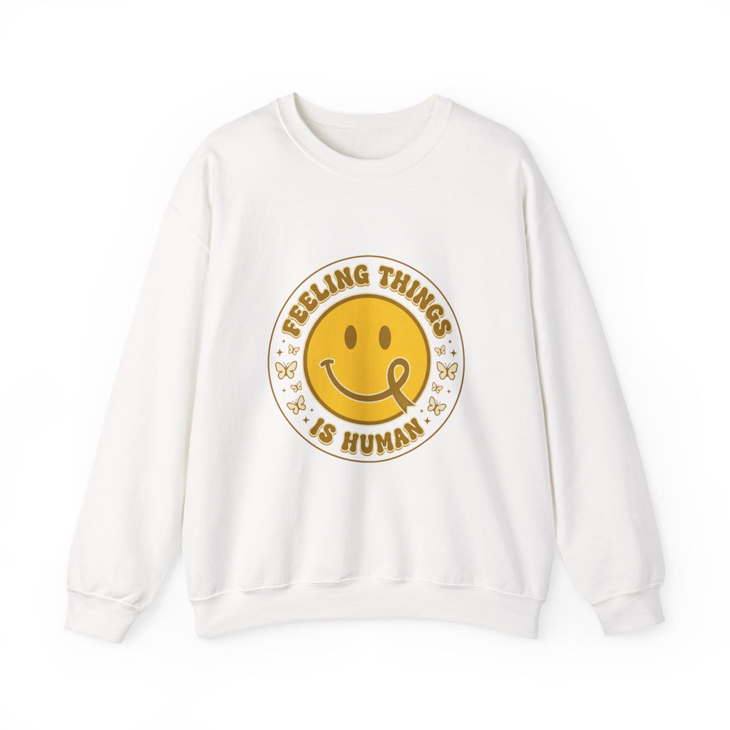Urbania Feeling Things Is Human Crewneck Sweatshirt – Mental Health Awareness, Retro Smiley