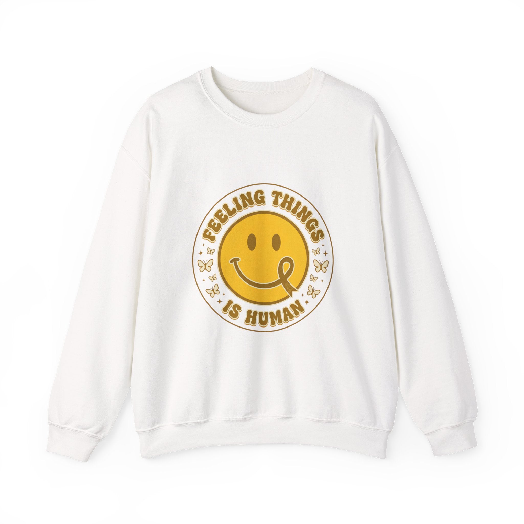 Feeling Things Is Human Sweatshirt | Mental Health Awareness, Retro Smiley Green Ribbon