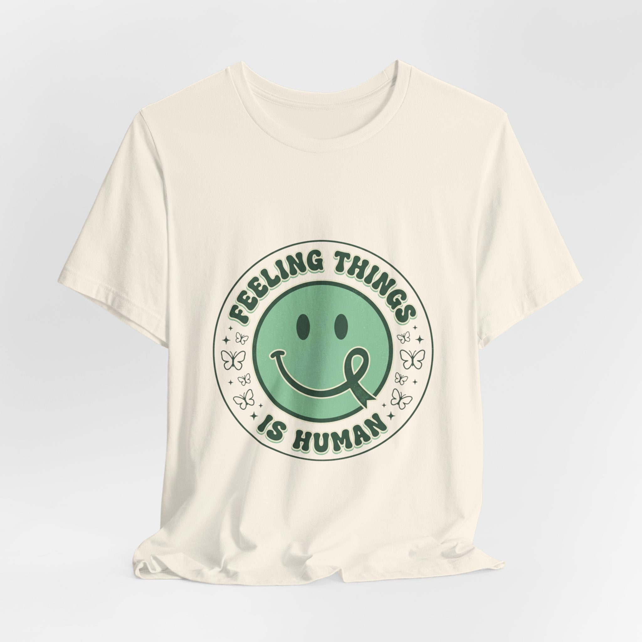 Feeling Things Is Human Tee | Mental Health Awareness, Green Ribbon Smiley