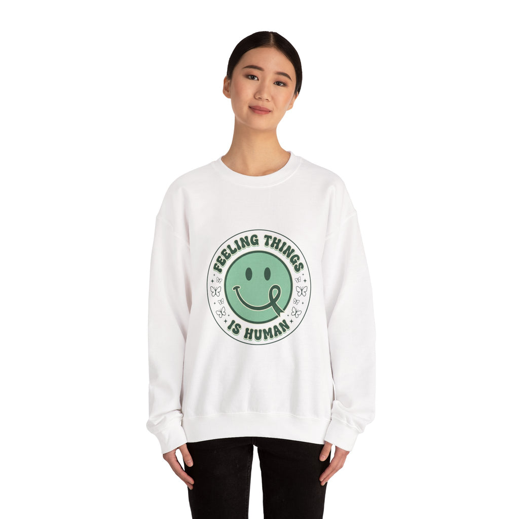 Feeling Things Is Human sweatshirt | Mental Health Awareness, Green Smiley Ribbon