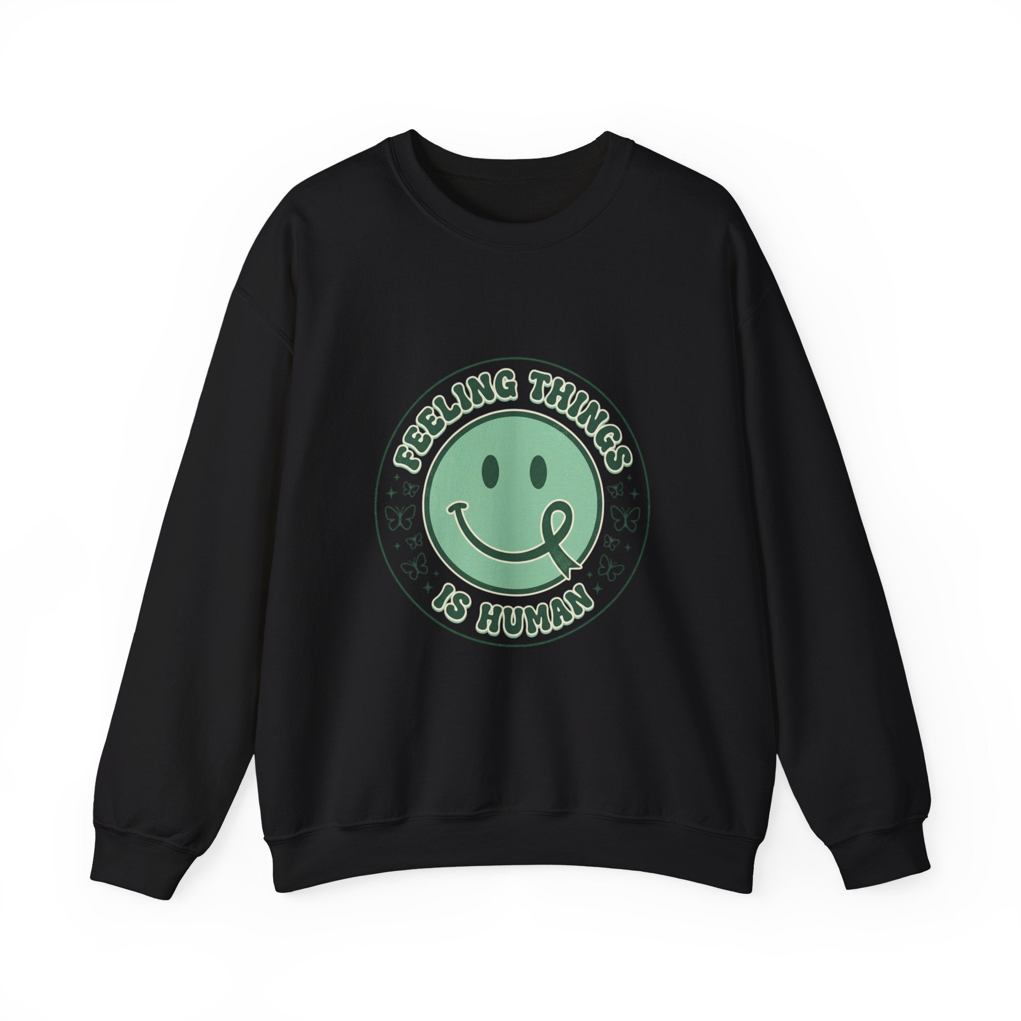 Feeling Things Is Human sweatshirt | Mental Health Awareness, Green Smiley Ribbon