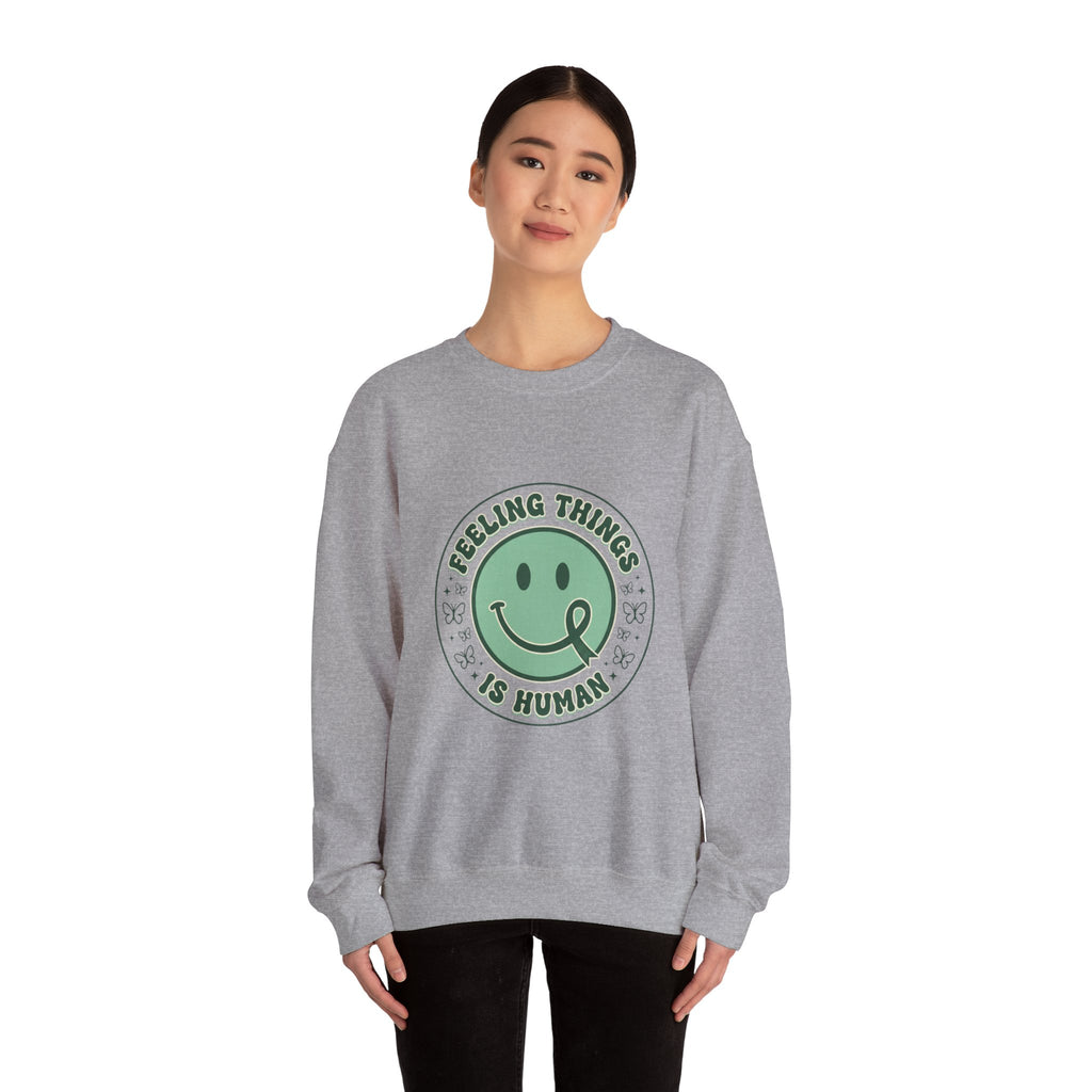 Feeling Things Is Human sweatshirt | Mental Health Awareness, Green Smiley Ribbon