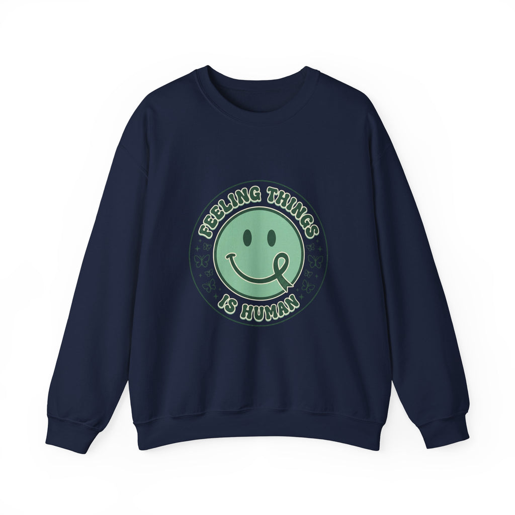 Feeling Things Is Human sweatshirt | Mental Health Awareness, Green Smiley Ribbon