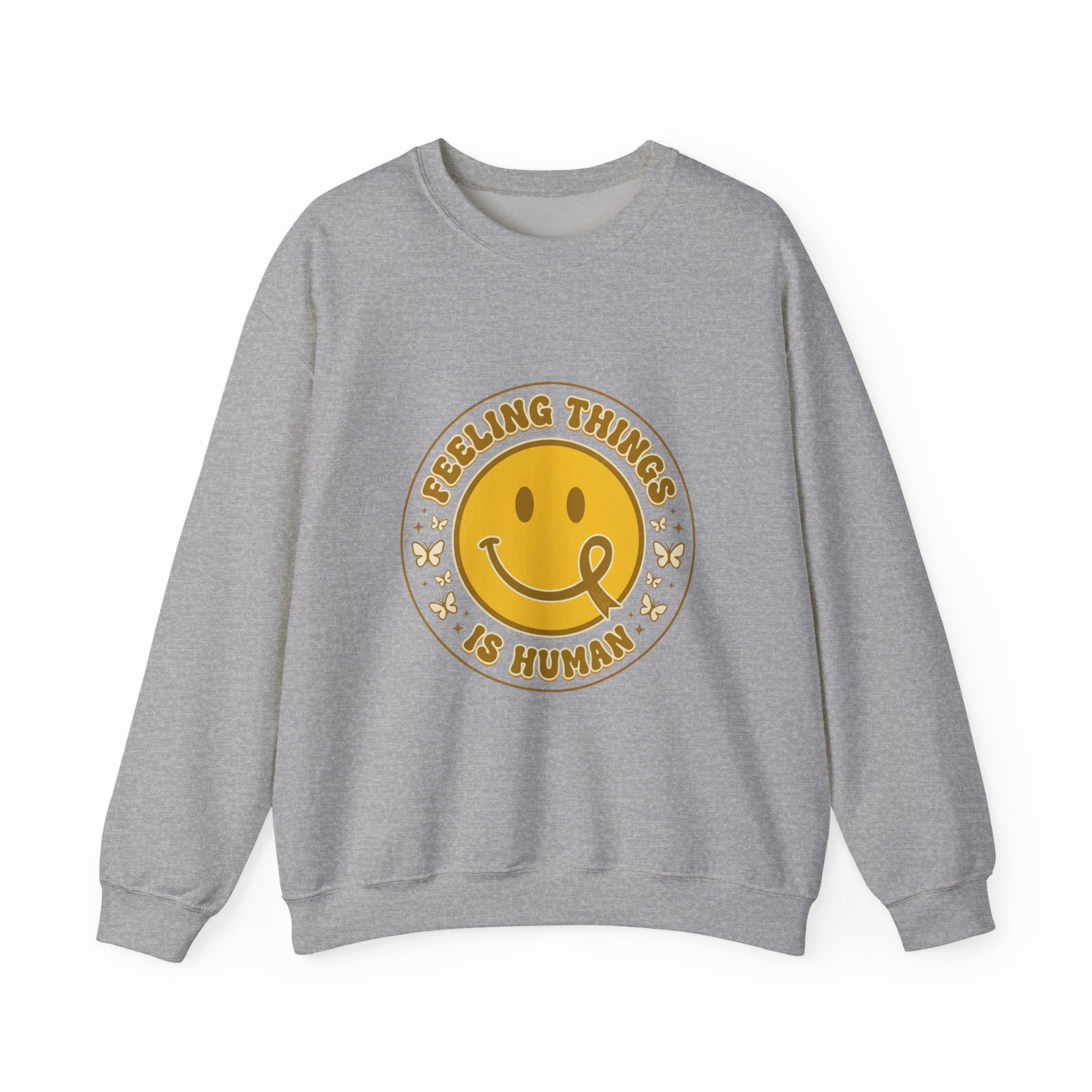 Feeling Things Is Human Sweatshirt | Mental Health Awareness, Retro Smiley Green Ribbon