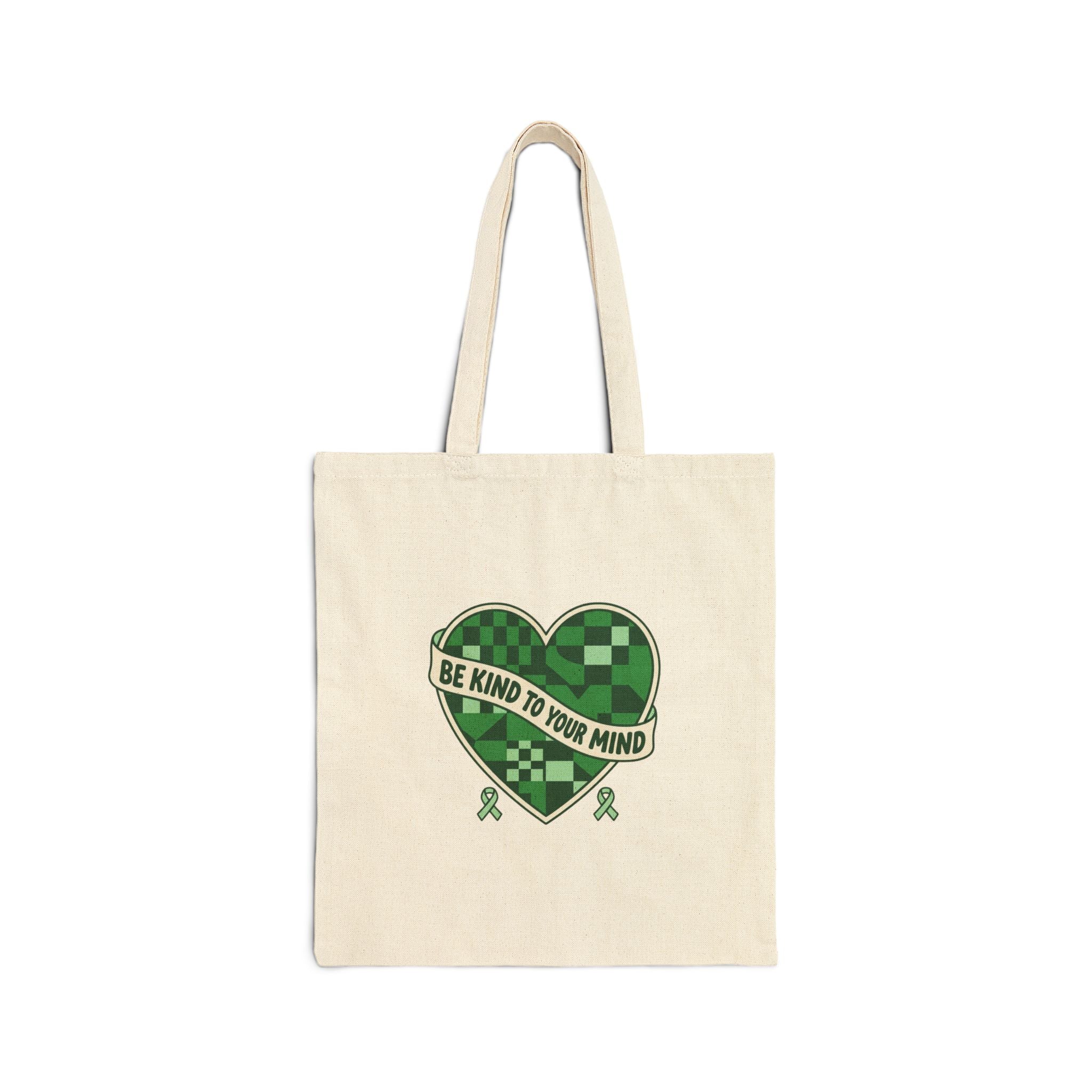 Be Kind to Your Mind Tote | Mental Health Awareness, Green Ribbon, Checkerboard Heart