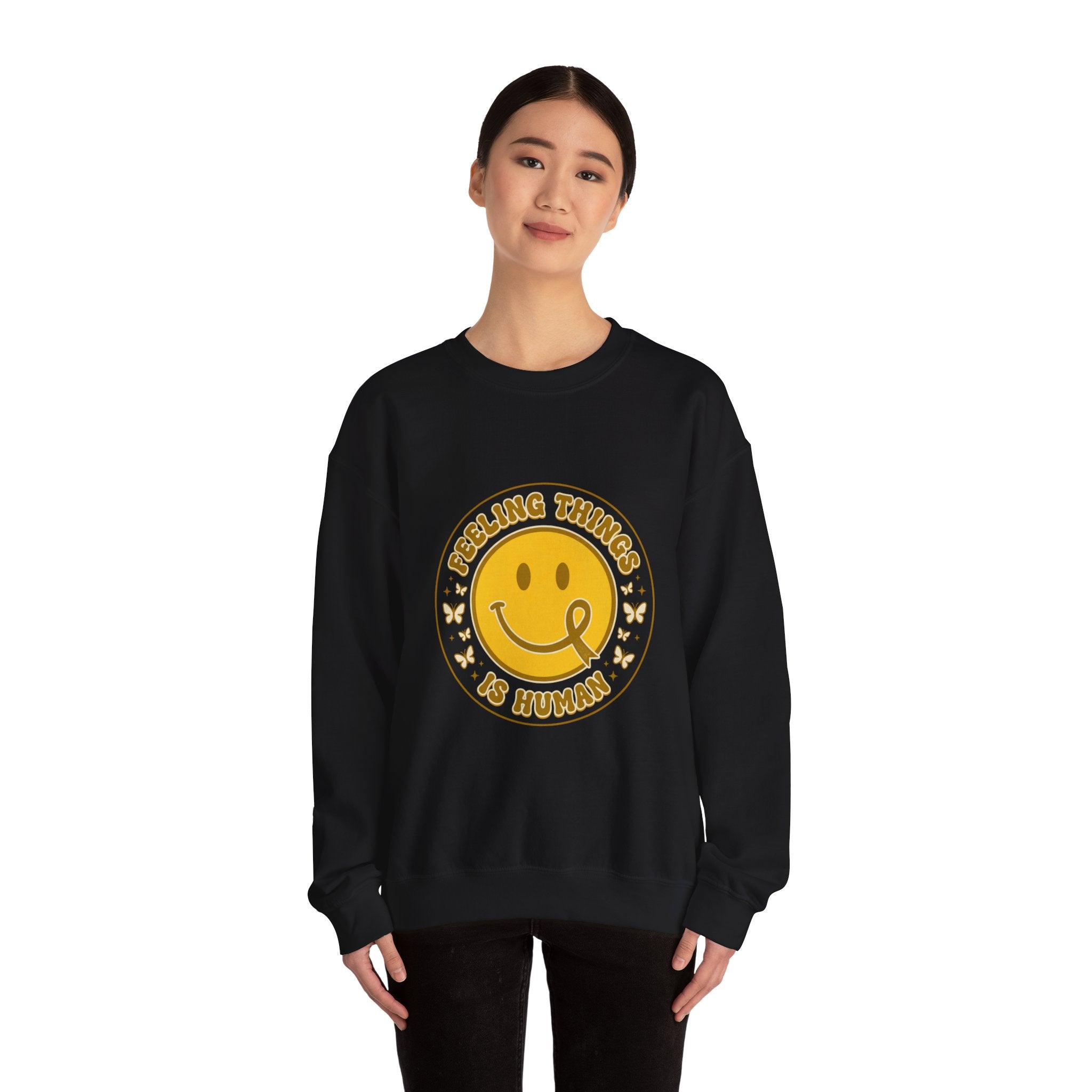 Feeling Things Is Human Sweatshirt | Mental Health Awareness, Retro Smiley Green Ribbon