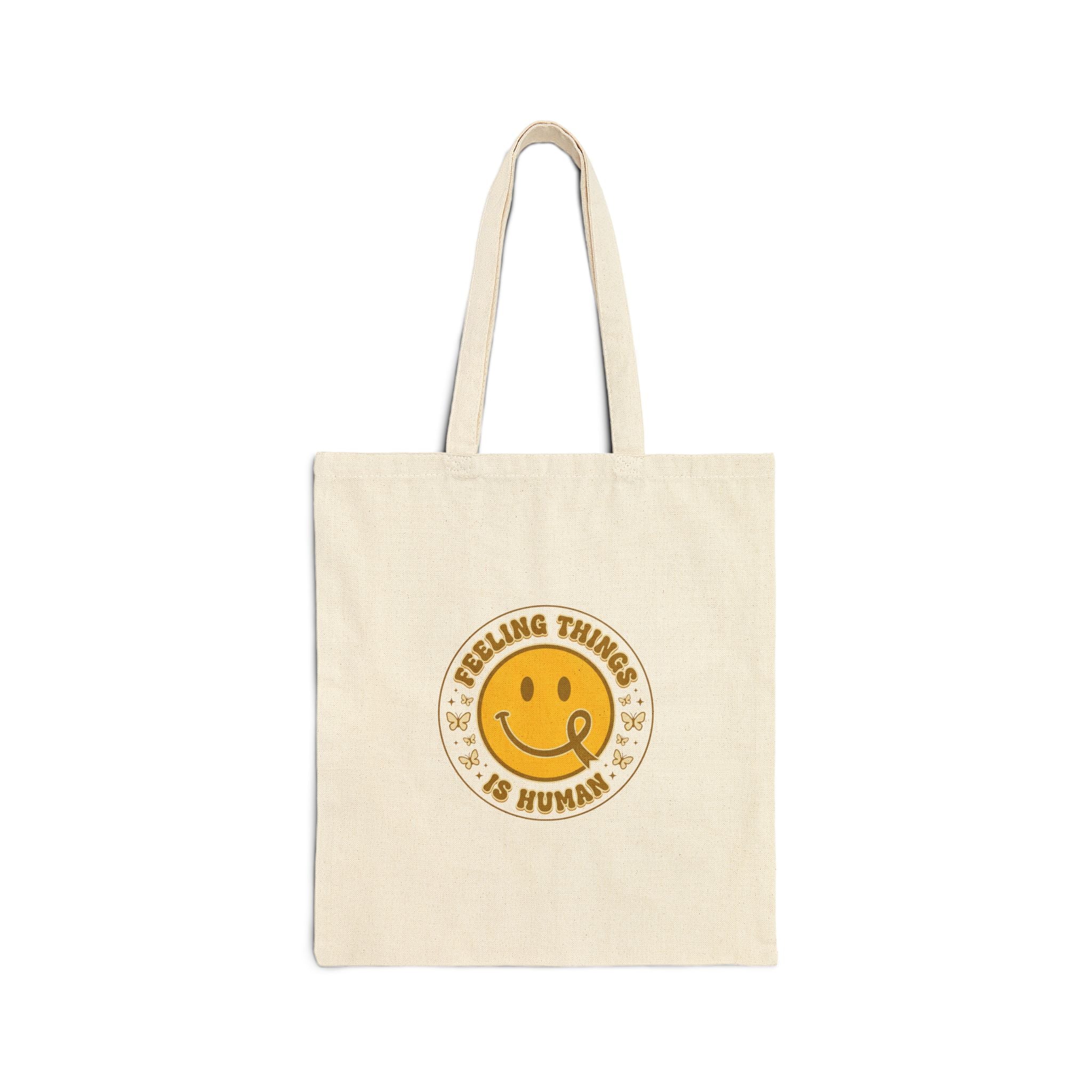 Feeling Things Is Human Tote | Mental Health Awareness, Retro Smiley Green Ribbon