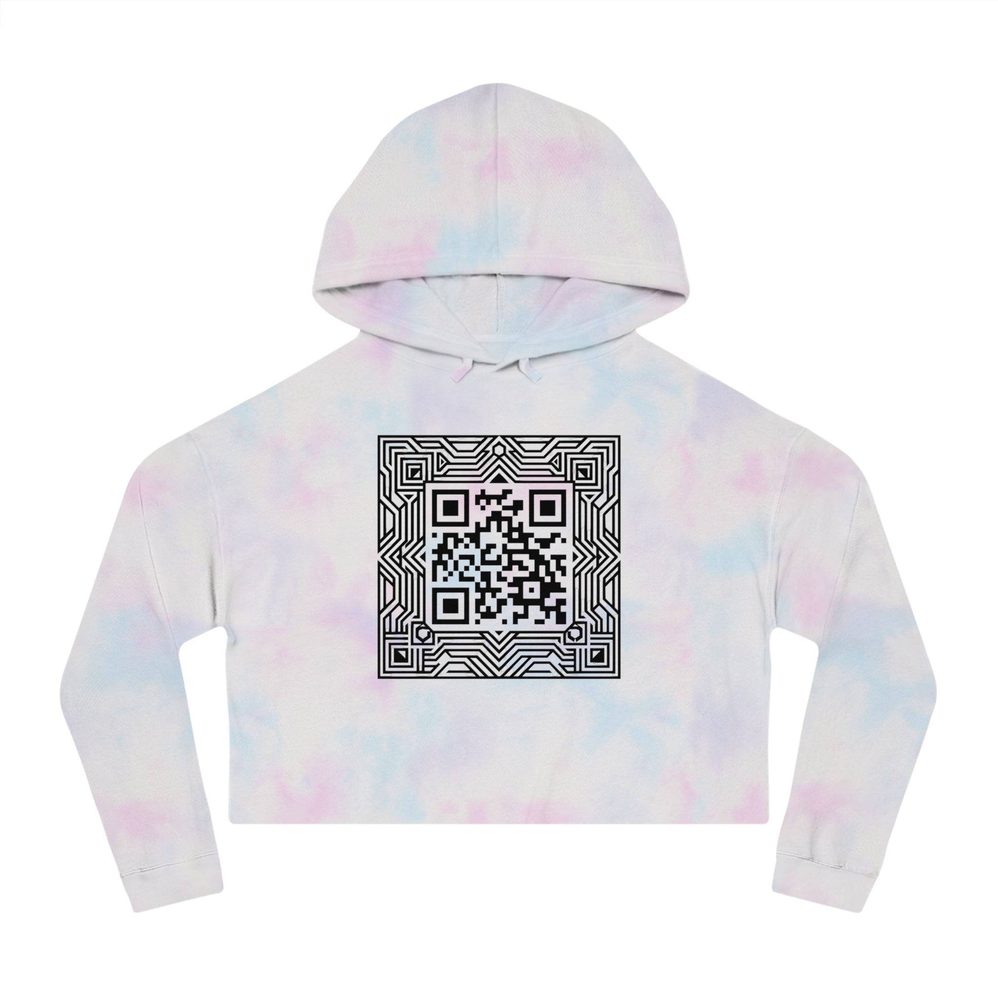 Urbania QR Code Graphic Cropped Hoodie — Techy Geometric Womens Hooded Sweatshirt