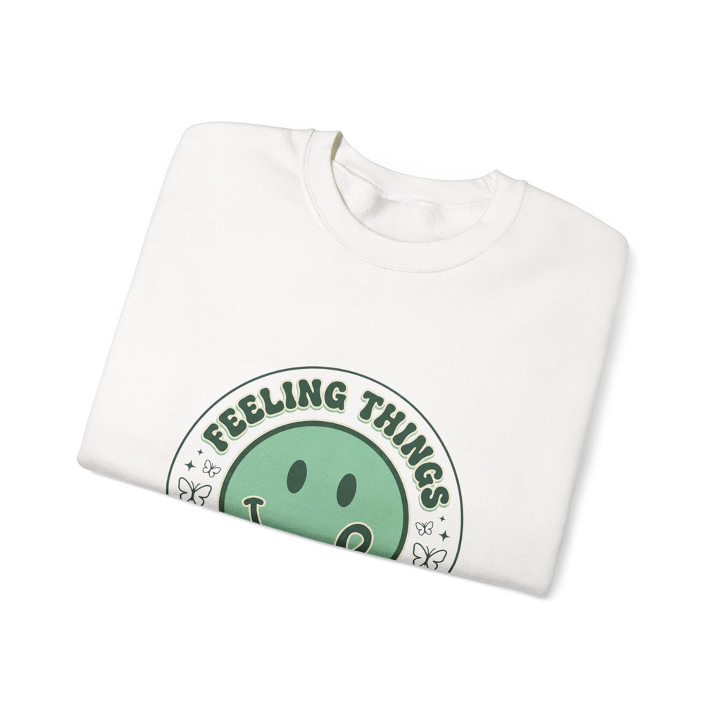 Feeling Things Is Human sweatshirt | Mental Health Awareness, Green Smiley Ribbon