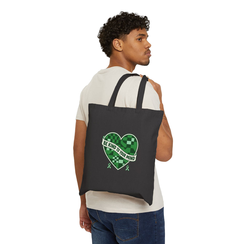 Be Kind to Your Mind Tote | Mental Health Awareness, Green Ribbon, Checkerboard Heart