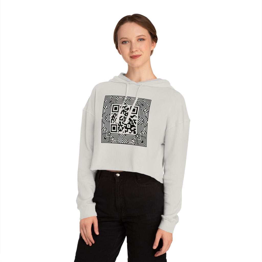 Urbania QR Code Graphic Cropped Hoodie — Techy Geometric Womens Hooded Sweatshirt