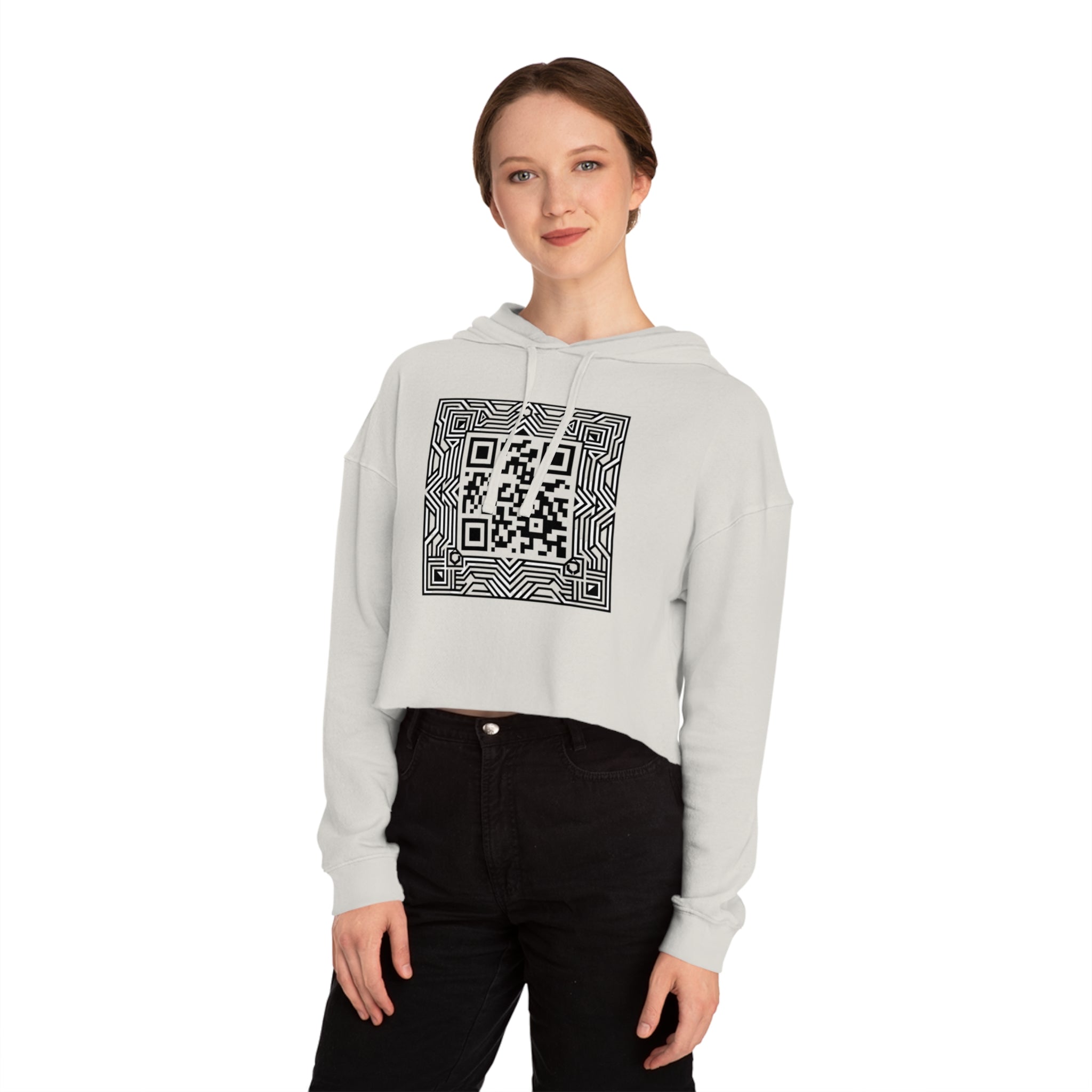 Urbania QR Code Graphic Cropped Hoodie — Techy Geometric Womens Hooded Sweatshirt