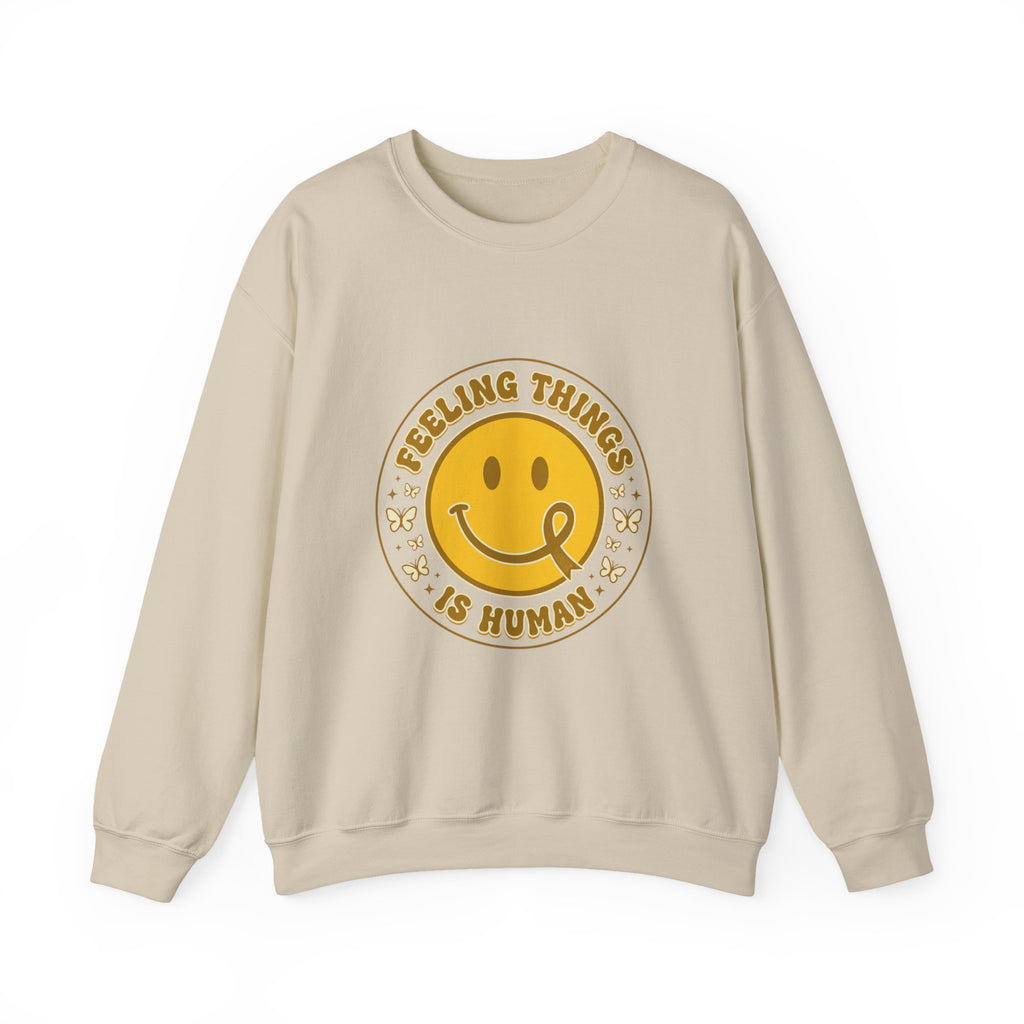 Urbania Feeling Things Is Human Crewneck Sweatshirt – Mental Health Awareness, Retro Smiley