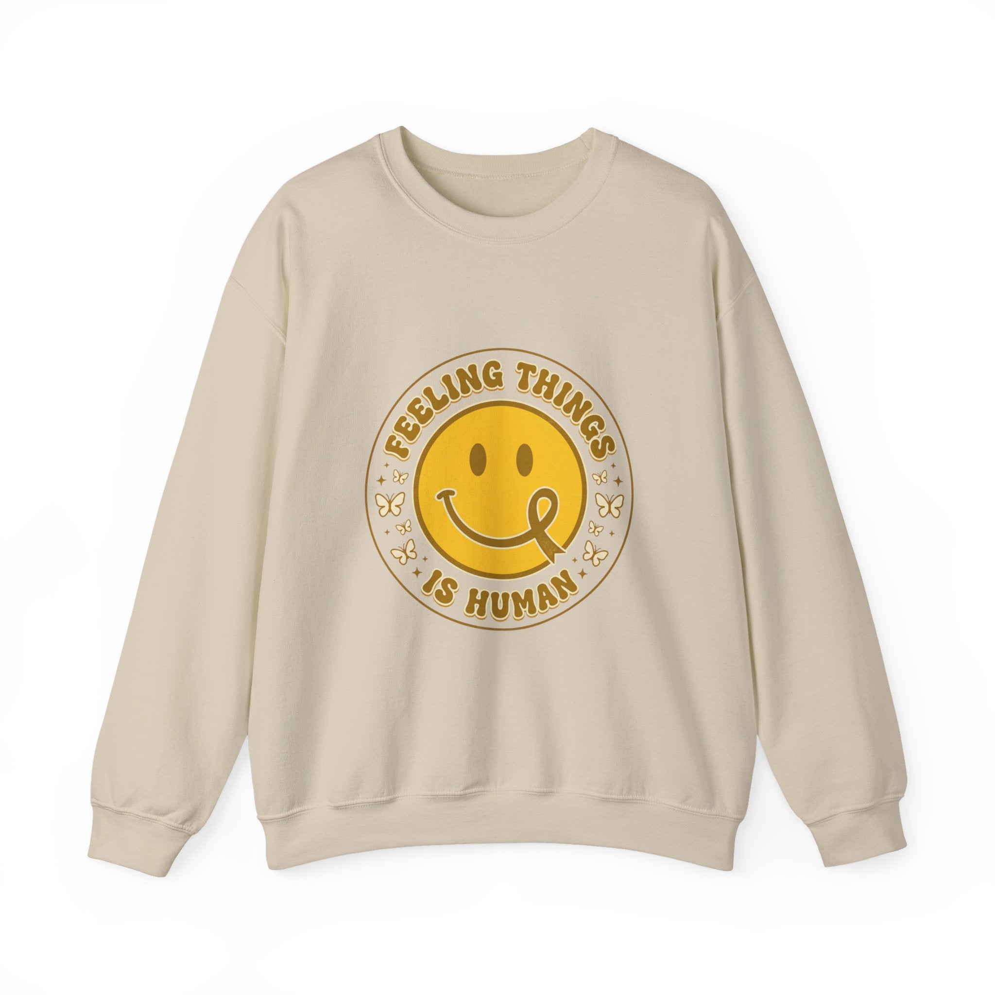 Feeling Things Is Human Sweatshirt | Mental Health Awareness, Retro Smiley Green Ribbon