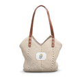 Straw Shoulder Bag – Boho Crochet Tote with Leather Handles & Botanical Patch
