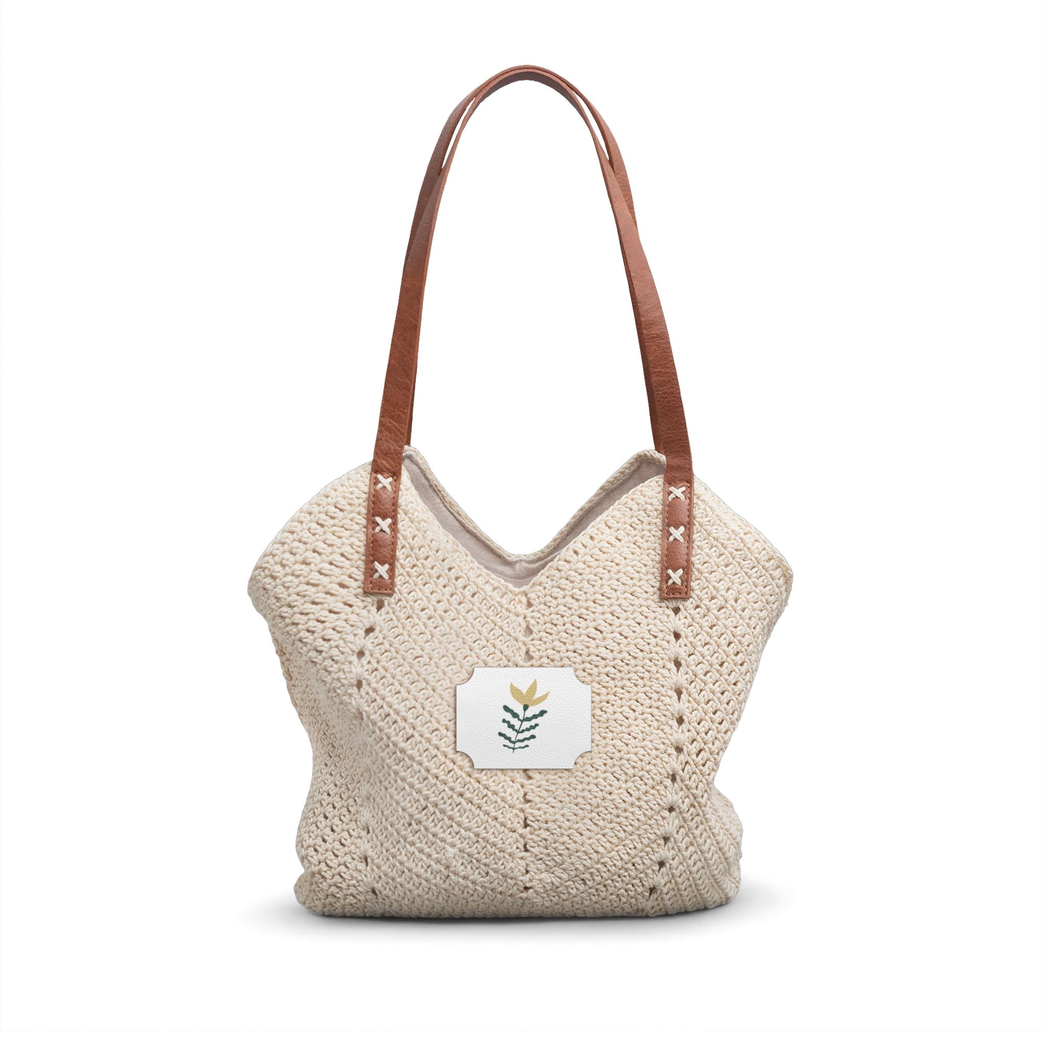 Straw Shoulder Bag – Boho Crochet Tote with Leather Handles & Botanical Patch