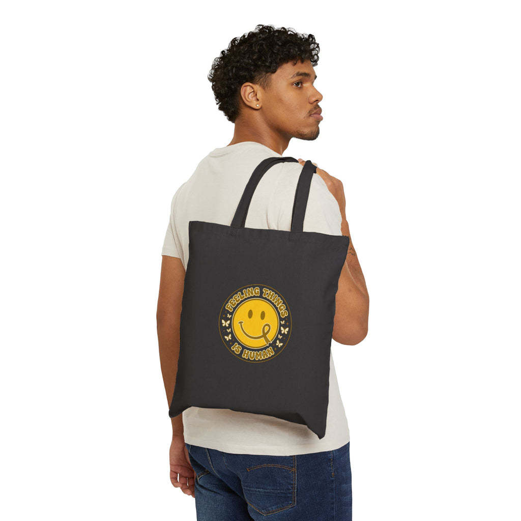 Feeling Things Is Human Tote | Mental Health Awareness, Retro Smiley Green Ribbon