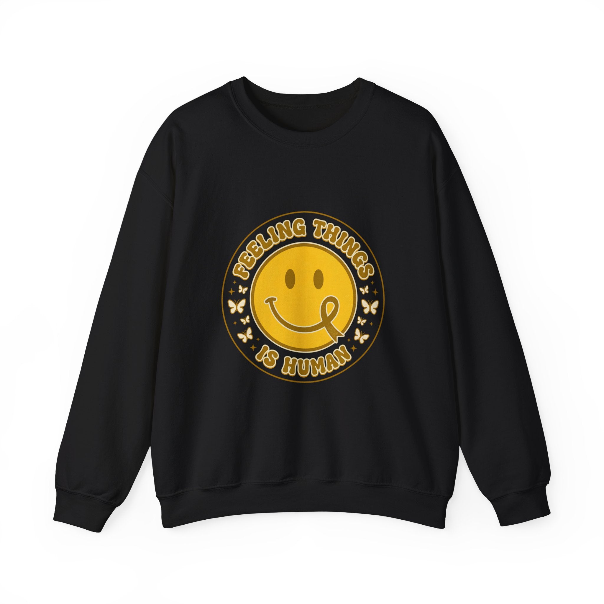 Feeling Things Is Human Sweatshirt | Mental Health Awareness, Retro Smiley Green Ribbon