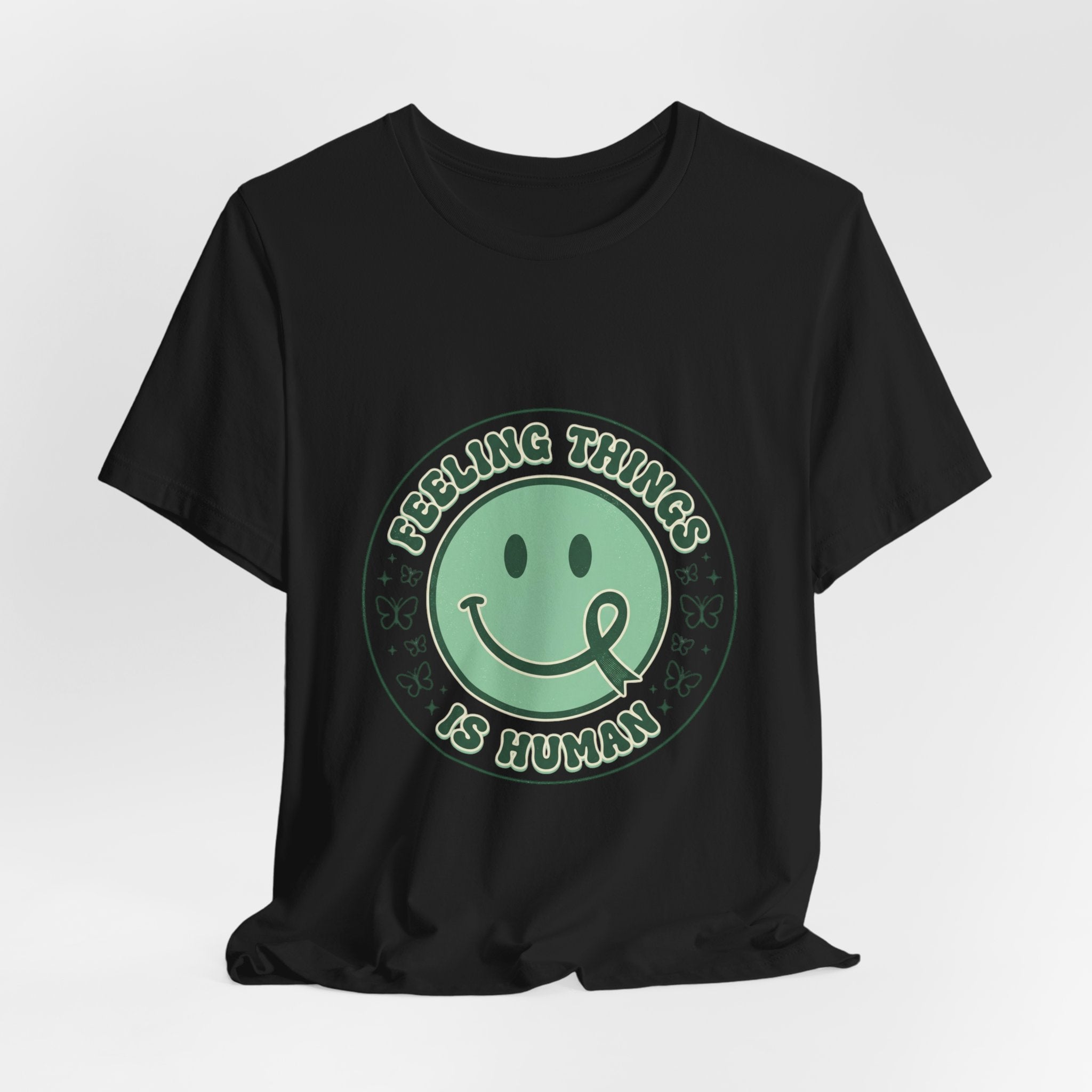 Feeling Things Is Human Tee | Mental Health Awareness, Green Ribbon Smiley