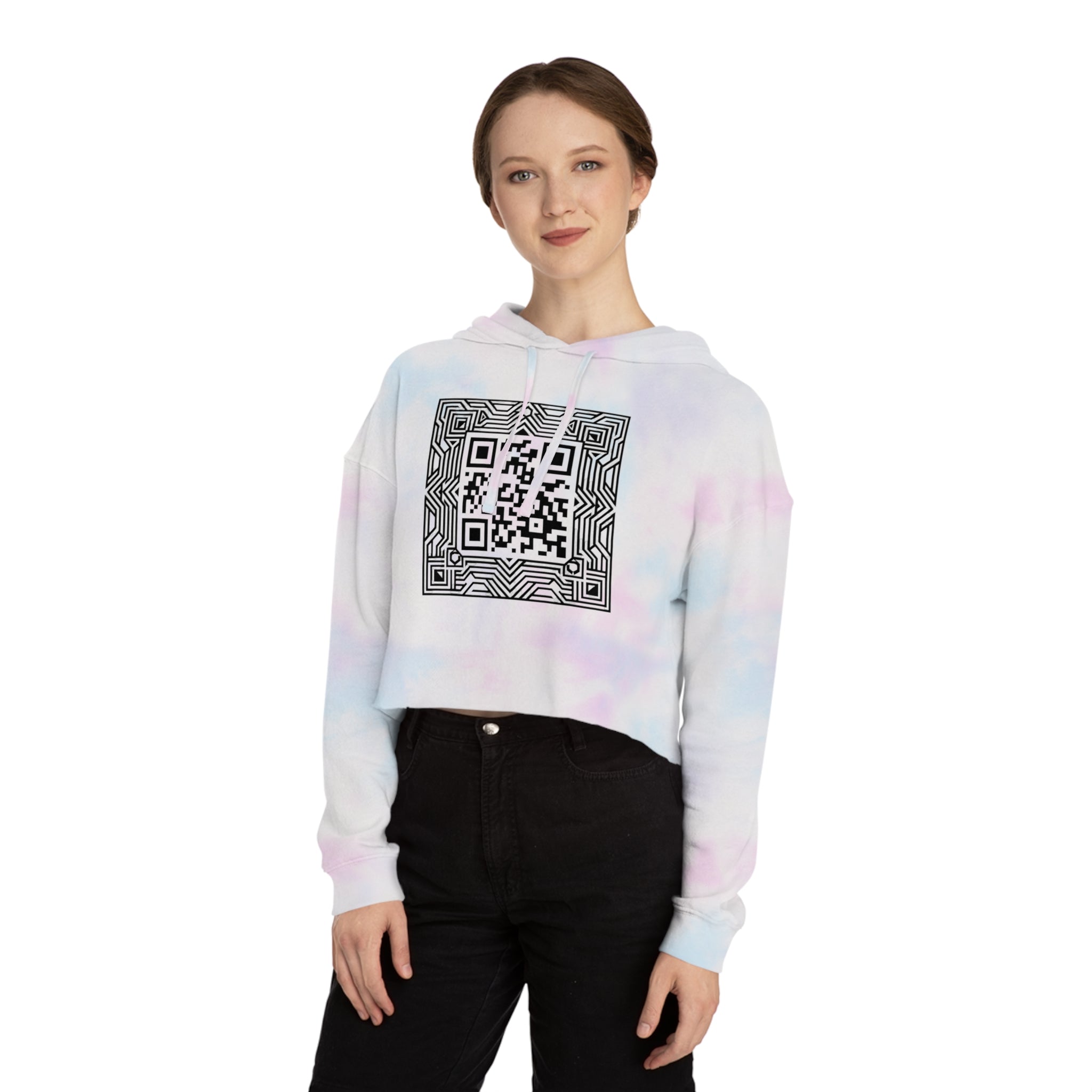 Urbania QR Code Graphic Cropped Hoodie — Techy Geometric Womens Hooded Sweatshirt