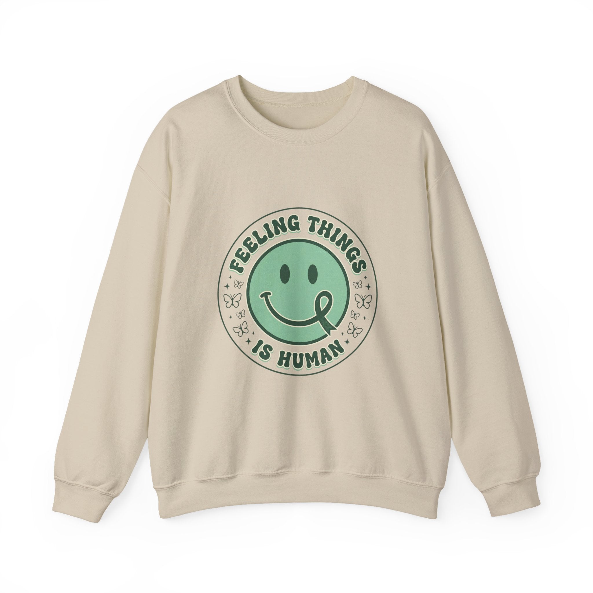 Feeling Things Is Human sweatshirt | Mental Health Awareness, Green Smiley Ribbon