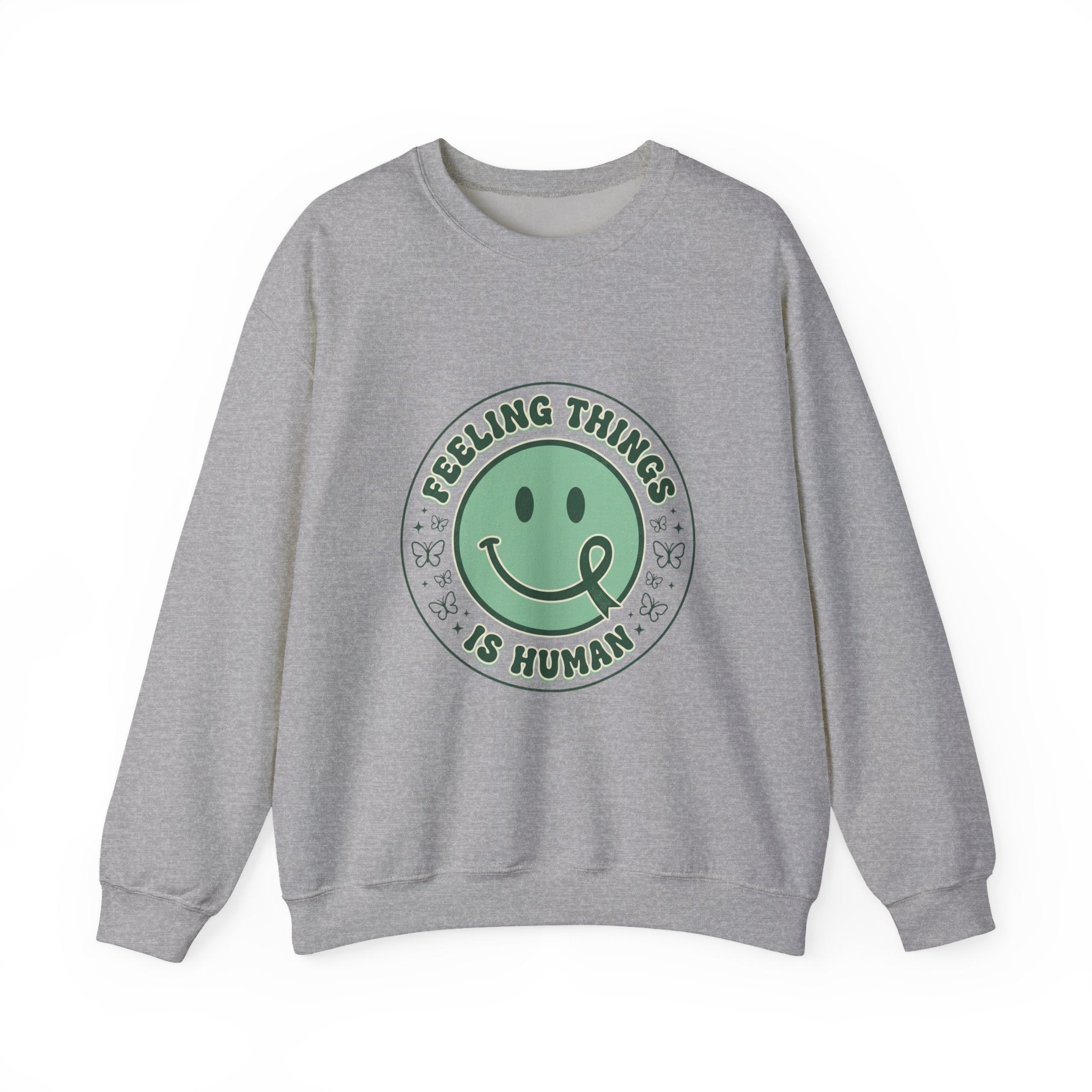 Feeling Things Is Human sweatshirt | Mental Health Awareness, Green Smiley Ribbon