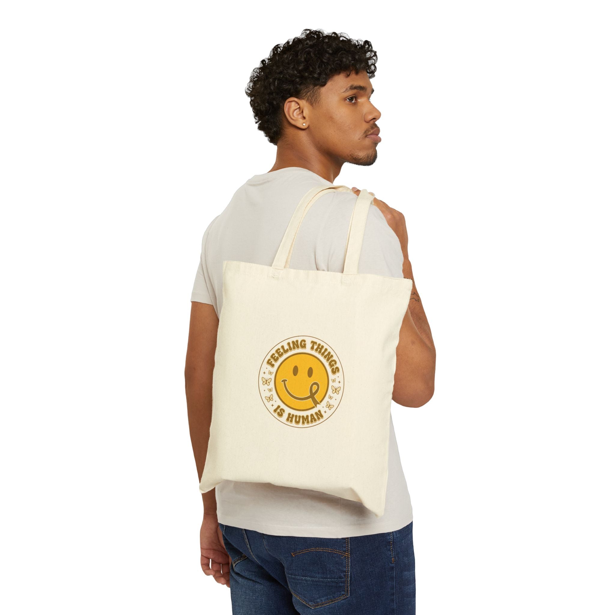 Feeling Things Is Human Tote | Mental Health Awareness, Retro Smiley Green Ribbon