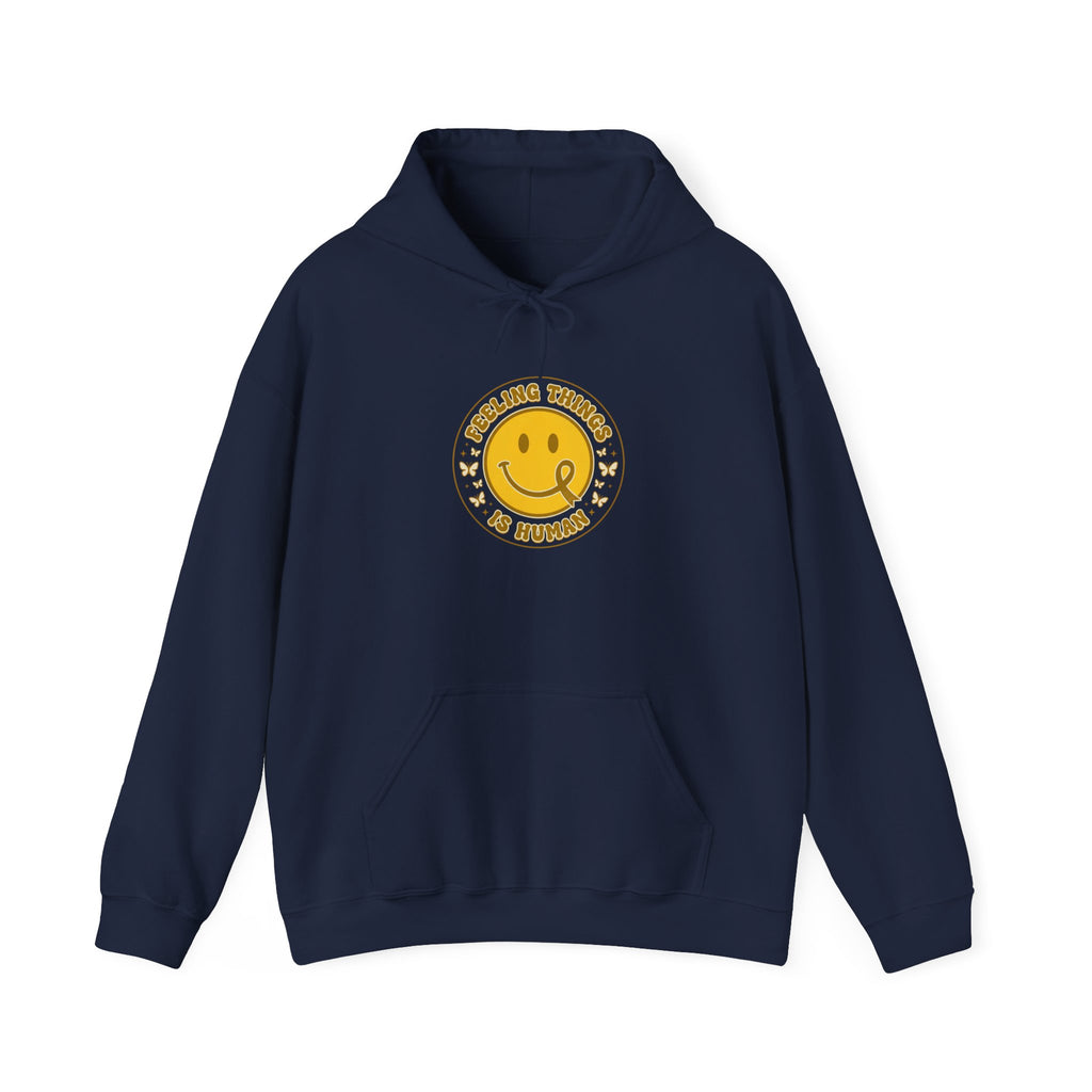 Feeling Things Is Human Hoodie | Mental Health Awareness, Retro Smiley Ribbon