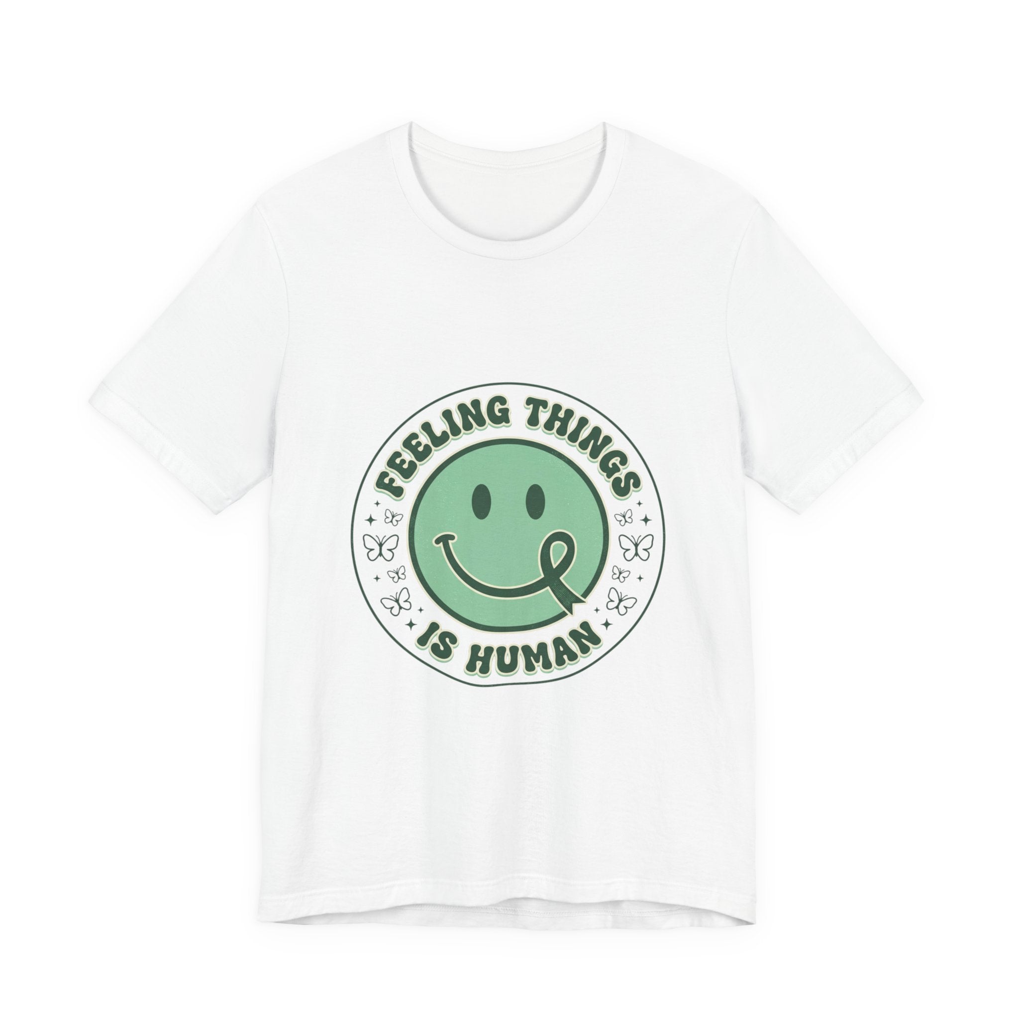 Feeling Things Is Human Tee | Mental Health Awareness, Green Ribbon Smiley