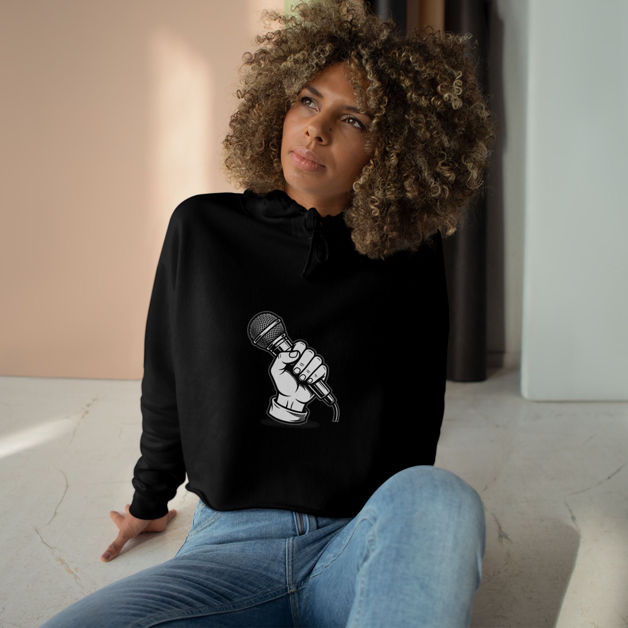 Urbania Cropped Hoodie — Hand-Held Microphone Graphic, Music Lover Streetwear