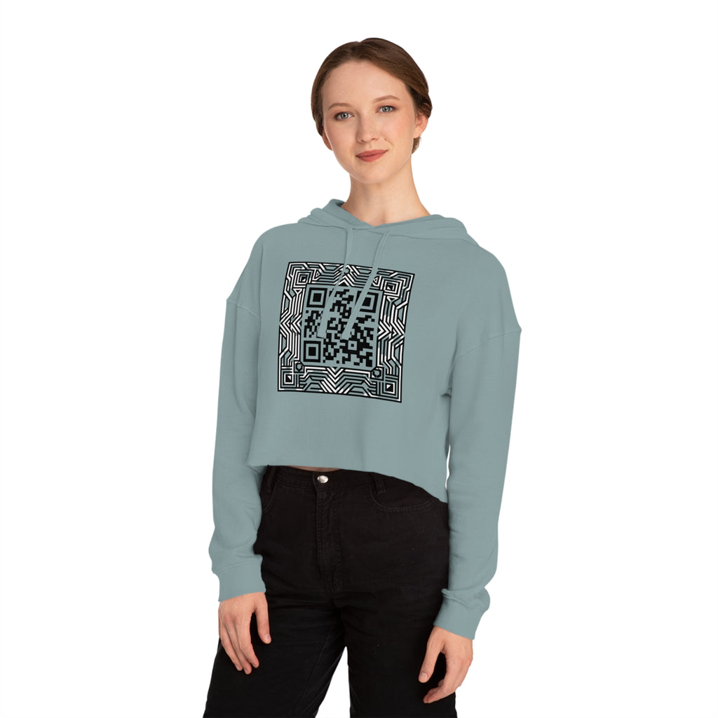 Urbania QR Code Graphic Cropped Hoodie — Techy Geometric Womens Hooded Sweatshirt