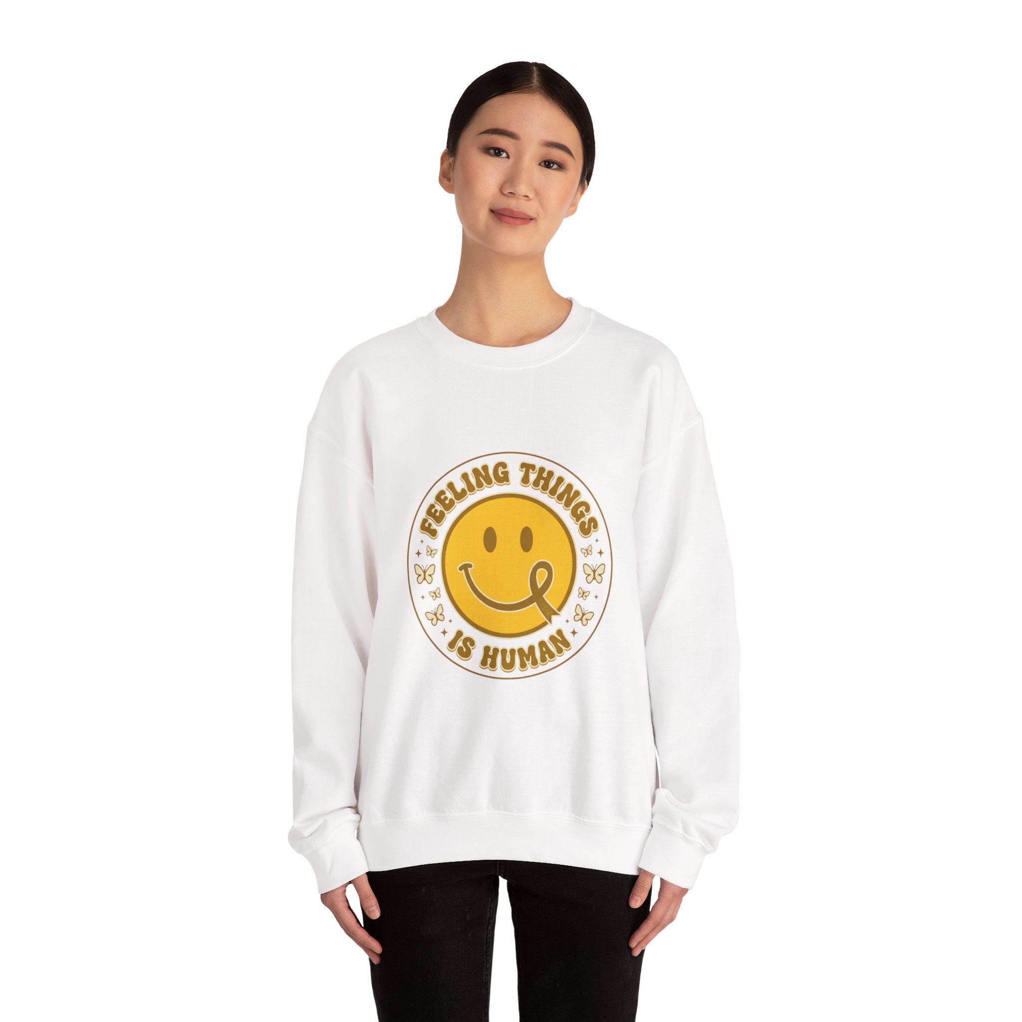 Feeling Things Is Human Sweatshirt | Mental Health Awareness, Retro Smiley Green Ribbon