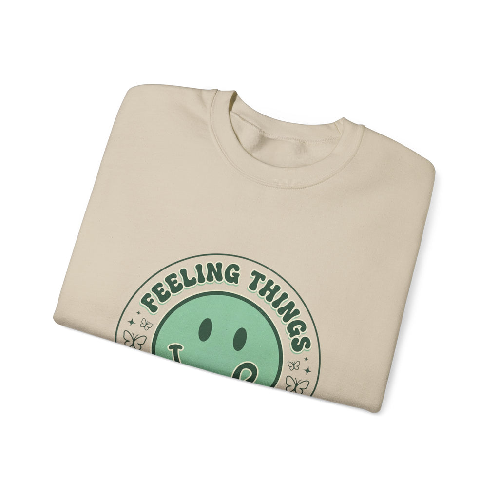 Feeling Things Is Human sweatshirt | Mental Health Awareness, Green Smiley Ribbon