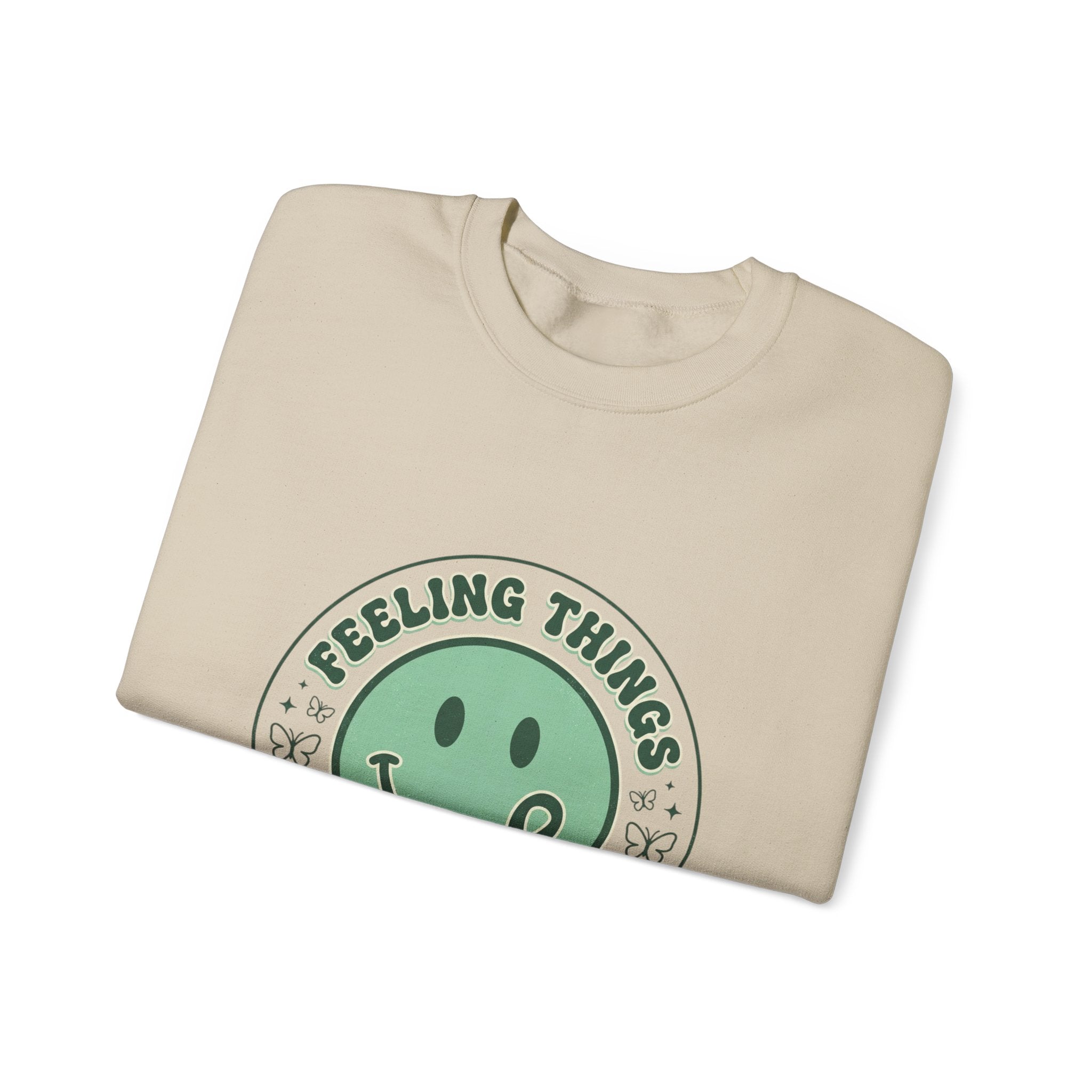 Feeling Things Is Human sweatshirt | Mental Health Awareness, Green Smiley Ribbon